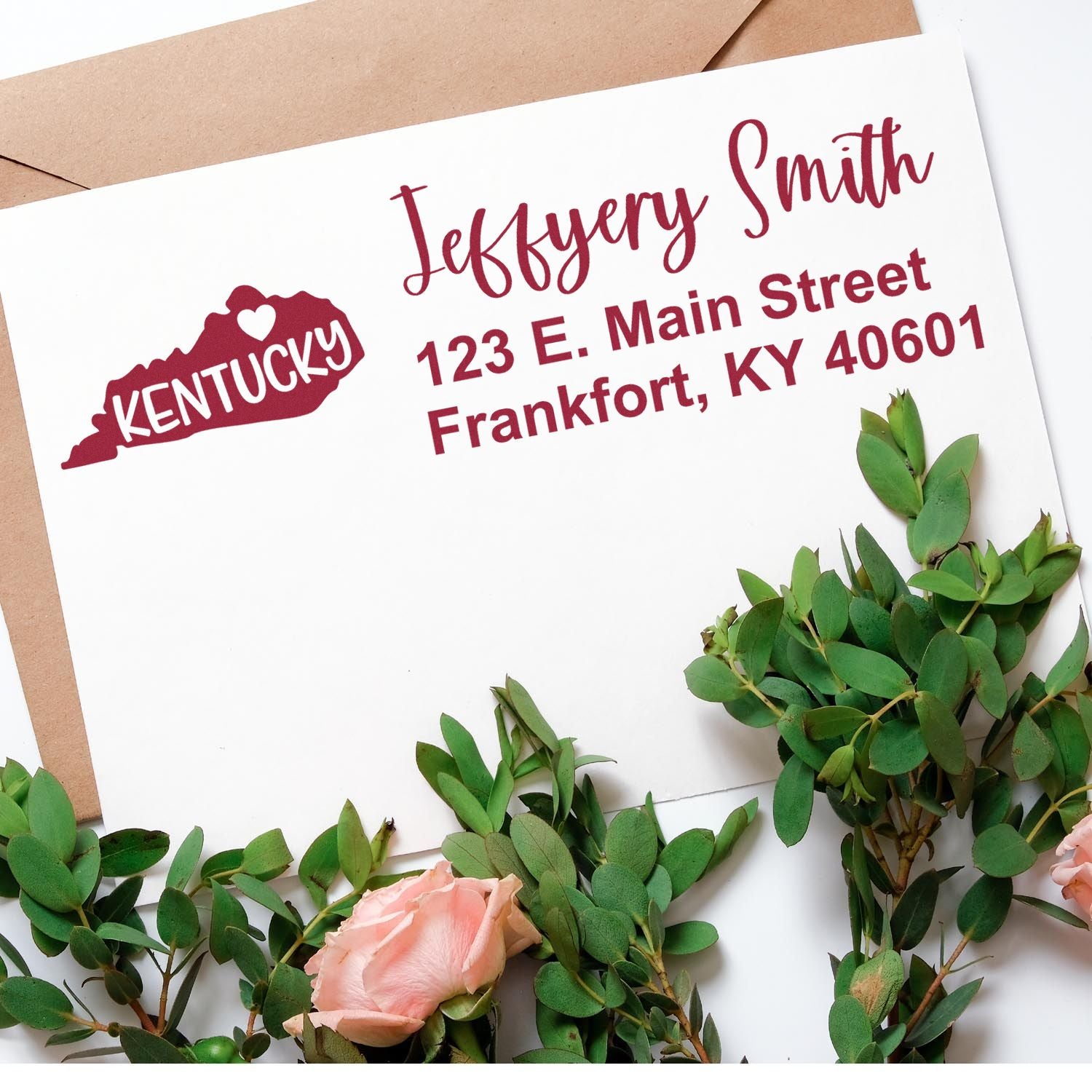 Custom Kentucky return address rubber stamp with name and address for wedding invitations, cards, and mailings.