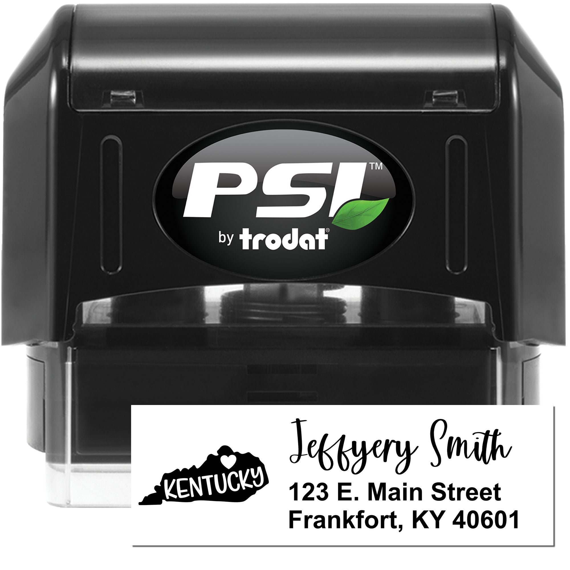 PSI by Trodat custom self-inking rubber address stamp with Kentucky state design and Jeffrey Smith mailing address.