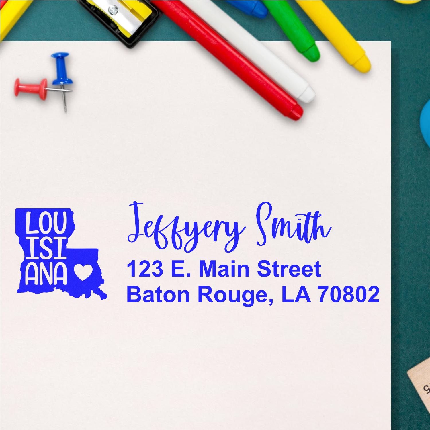 Personalized Louisiana return address rubber stamp with name, state outline, and Baton Rouge, LA 70802 address.
