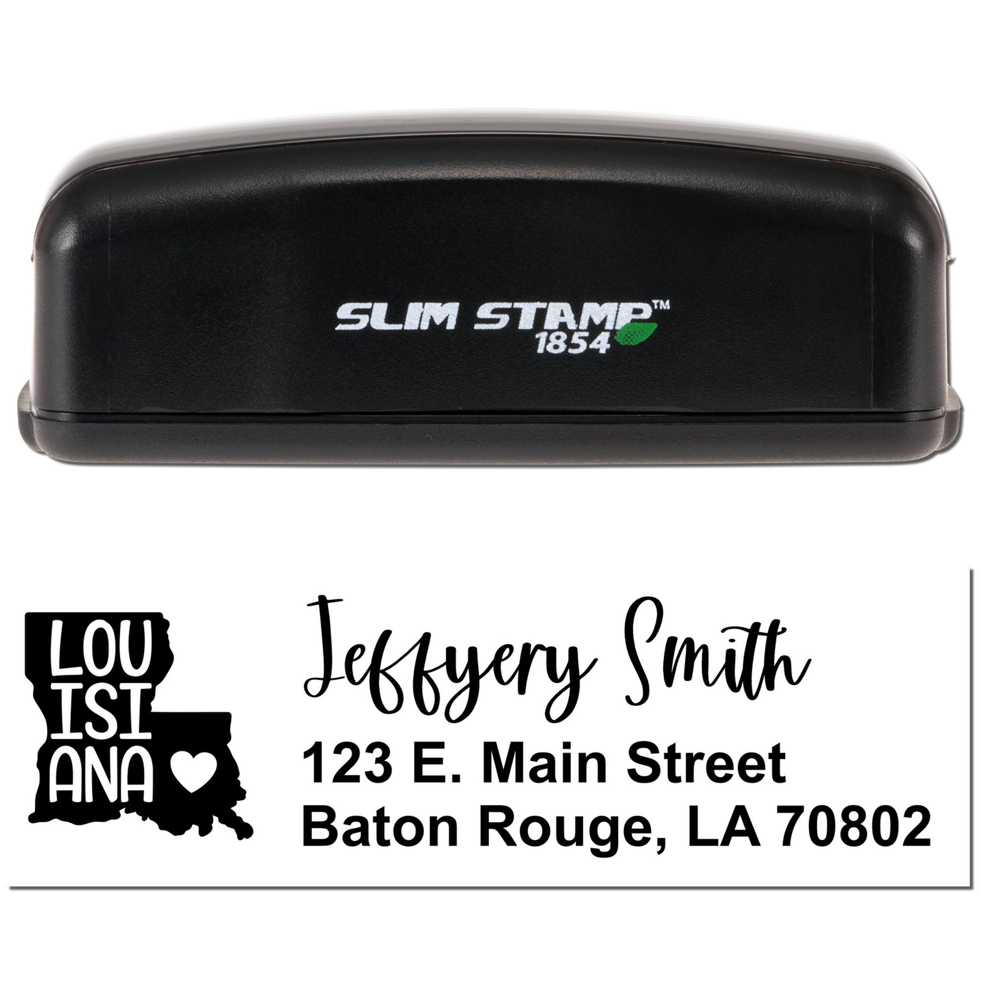 Personalized custom rubber address stamp with Louisiana design, name, and return address for mailing.