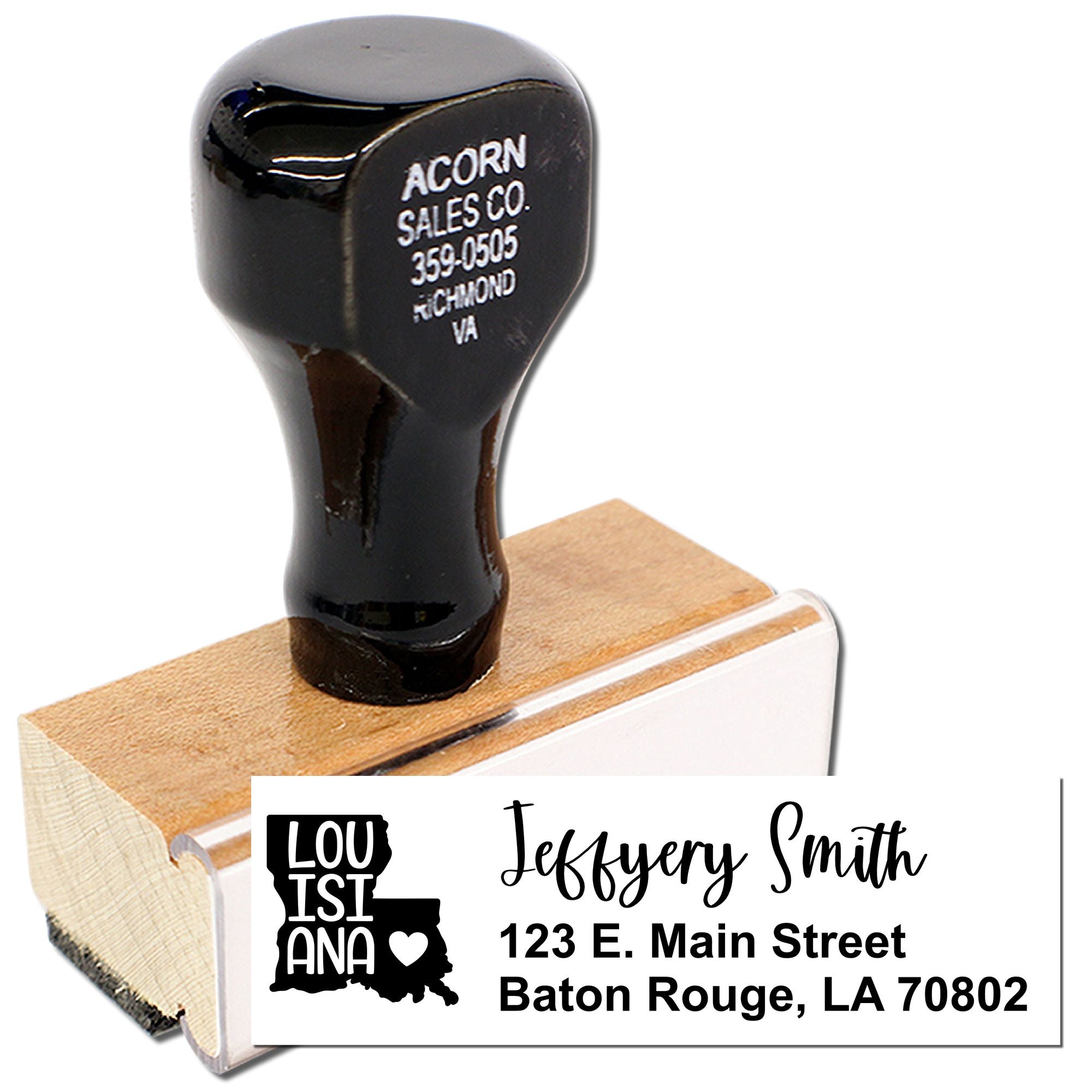 Custom Louisiana return address rubber stamp with Jefferson Smith, Baton Rouge, LA 70802 for mailing and business use