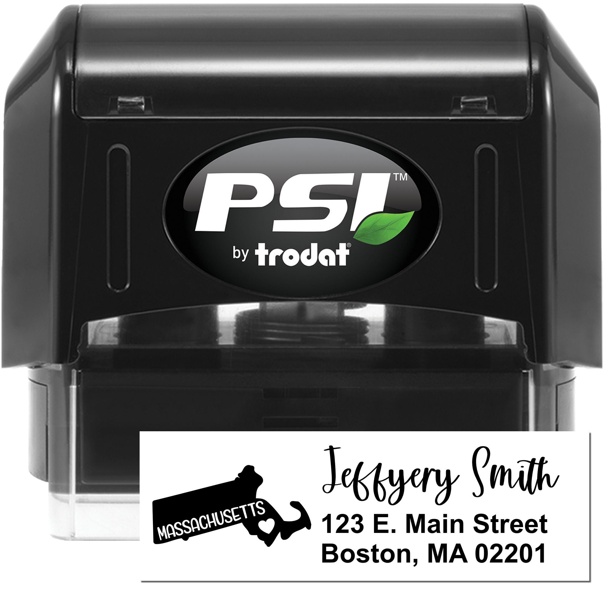 PSI by Trodat self-inking return address rubber stamp with custom Massachusetts design for business mail