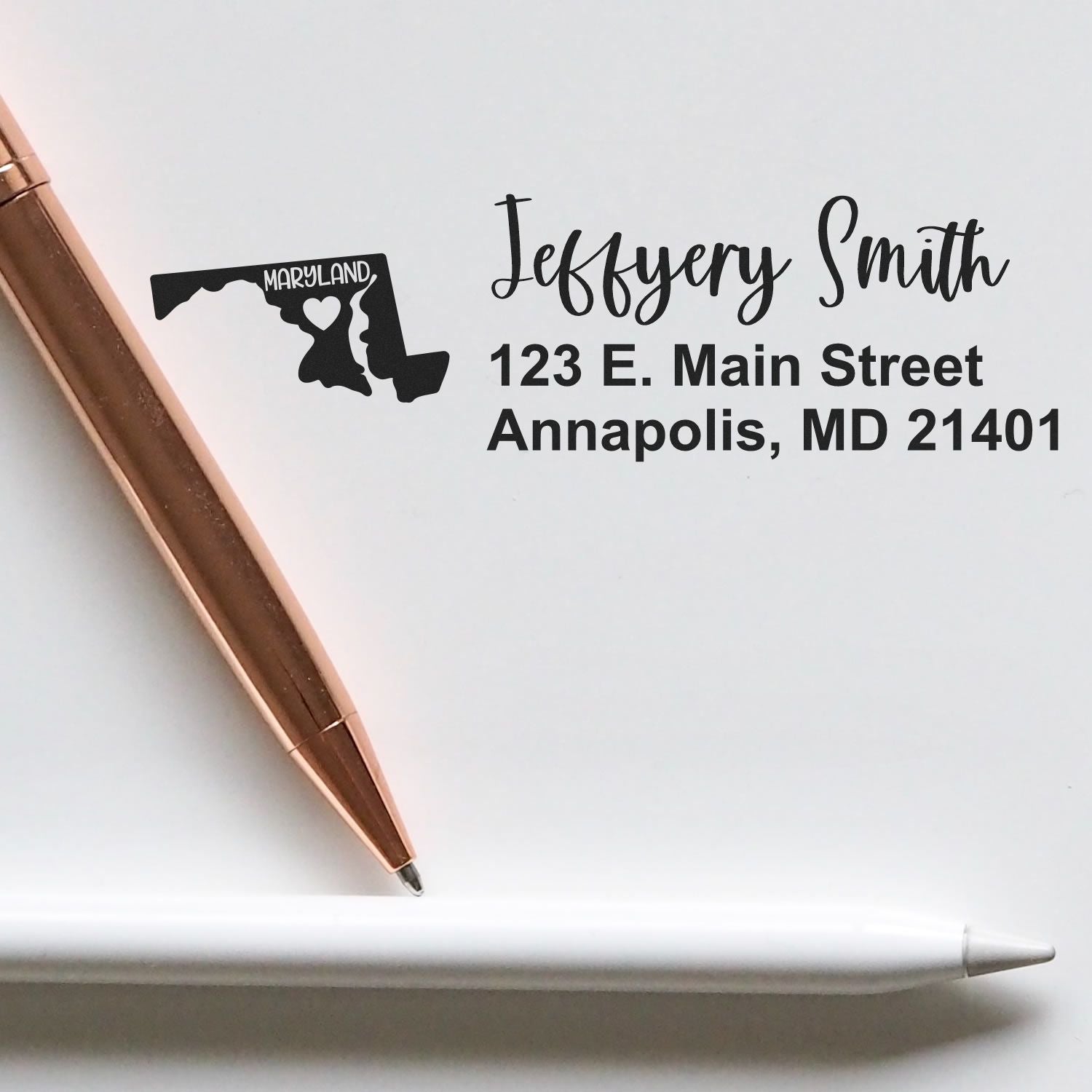 Custom Maryland return address rubber stamp with name and Annapolis, MD address for envelopes and stationery.