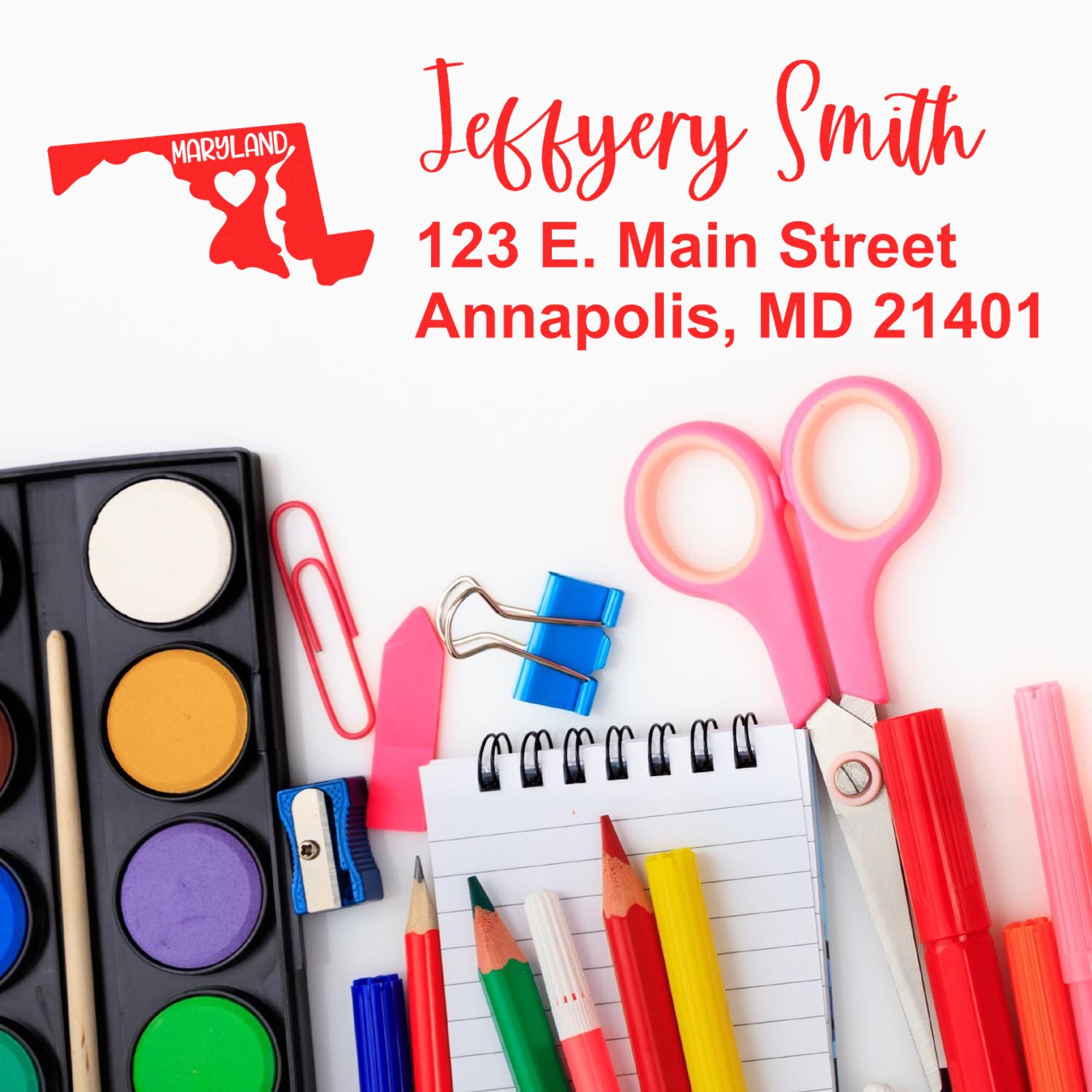 Custom Maryland address rubber stamp with Jeffrey Smith, Annapolis MD 21401, ideal for personal stationery and mailings.