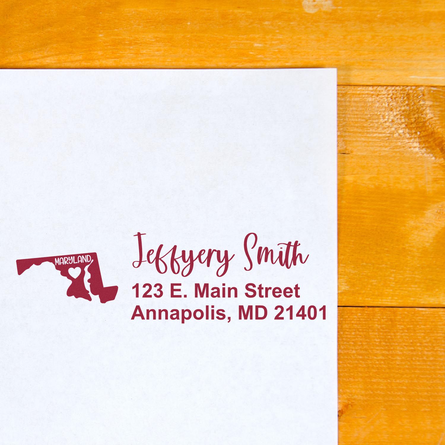 Custom return address rubber stamp with Maryland state icon, featuring Jeffery Smith and Annapolis, MD address.