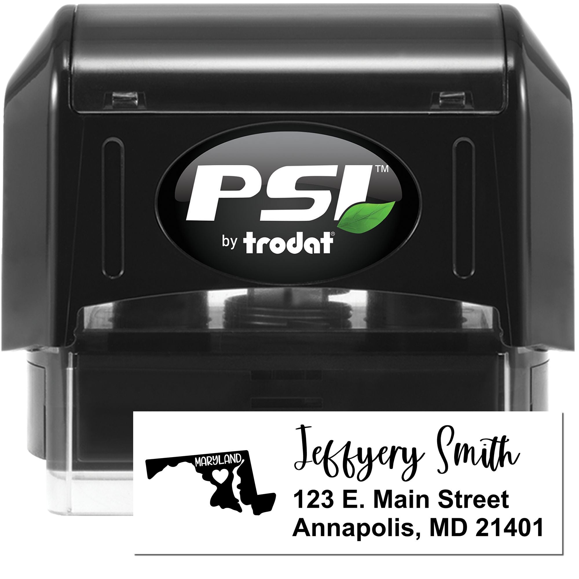 PSI Trodat self-inking rubber address stamp with custom Maryland name-and-address imprint for mail and business use.