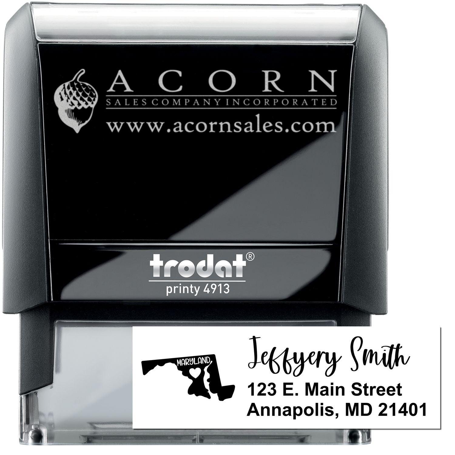 Custom Trodat Printy 4913 self-inking rubber stamp with business logo and address for professional mailing and branding.
