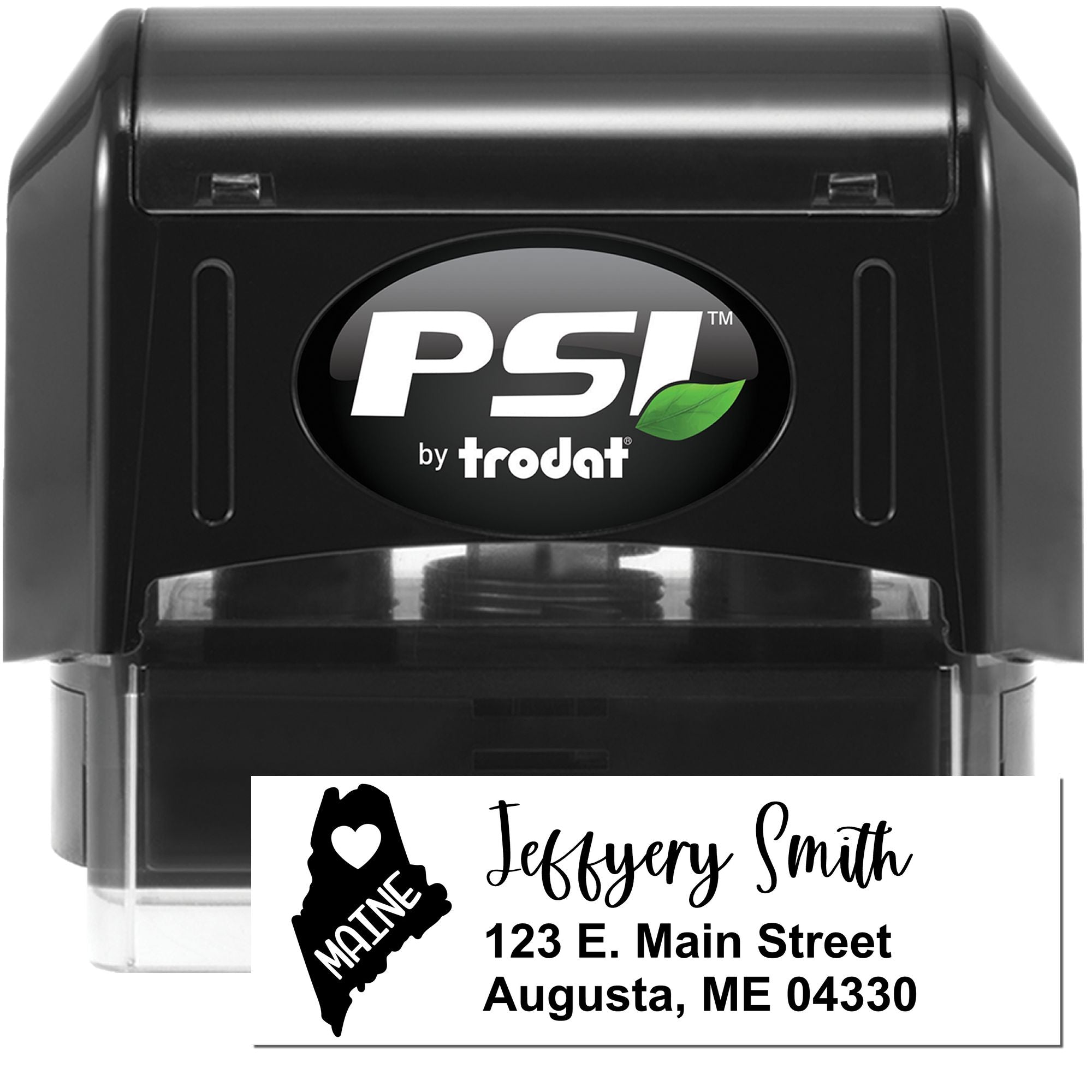 Personalized PSI by Trodat self-inking rubber address stamp with custom name, Maine icon, and return address imprint