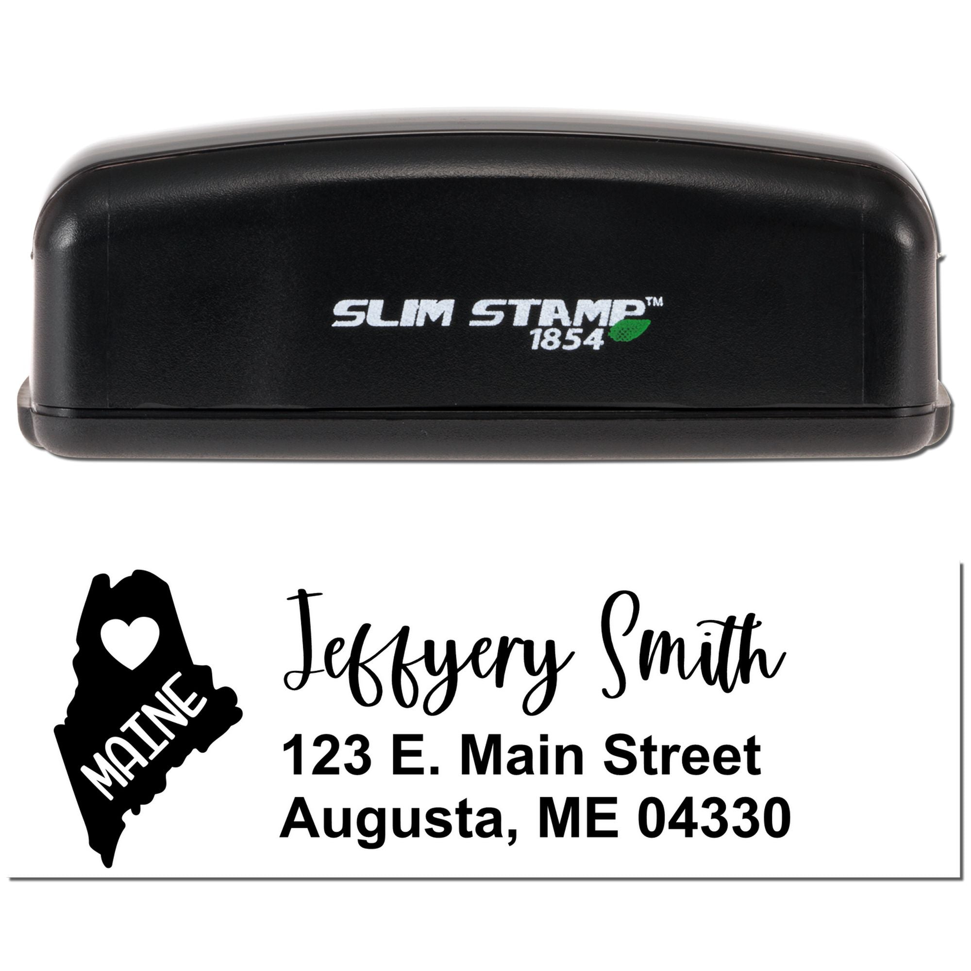 Custom Maine return address rubber stamp with Slim Stamp 1854 and personalized name and address imprint