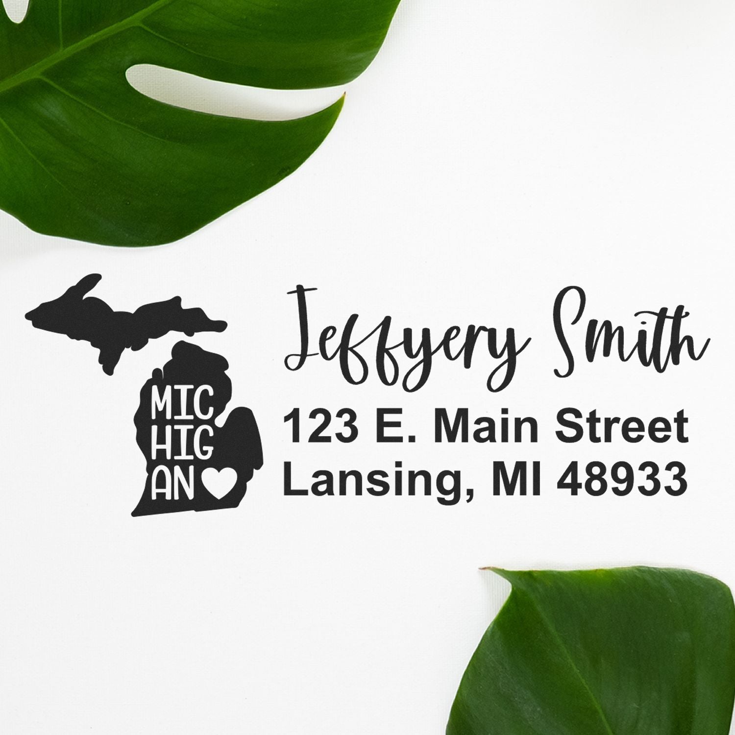 Personalized Michigan address rubber stamp with Jeffery Smith name and Lansing, MI 48933 return address.