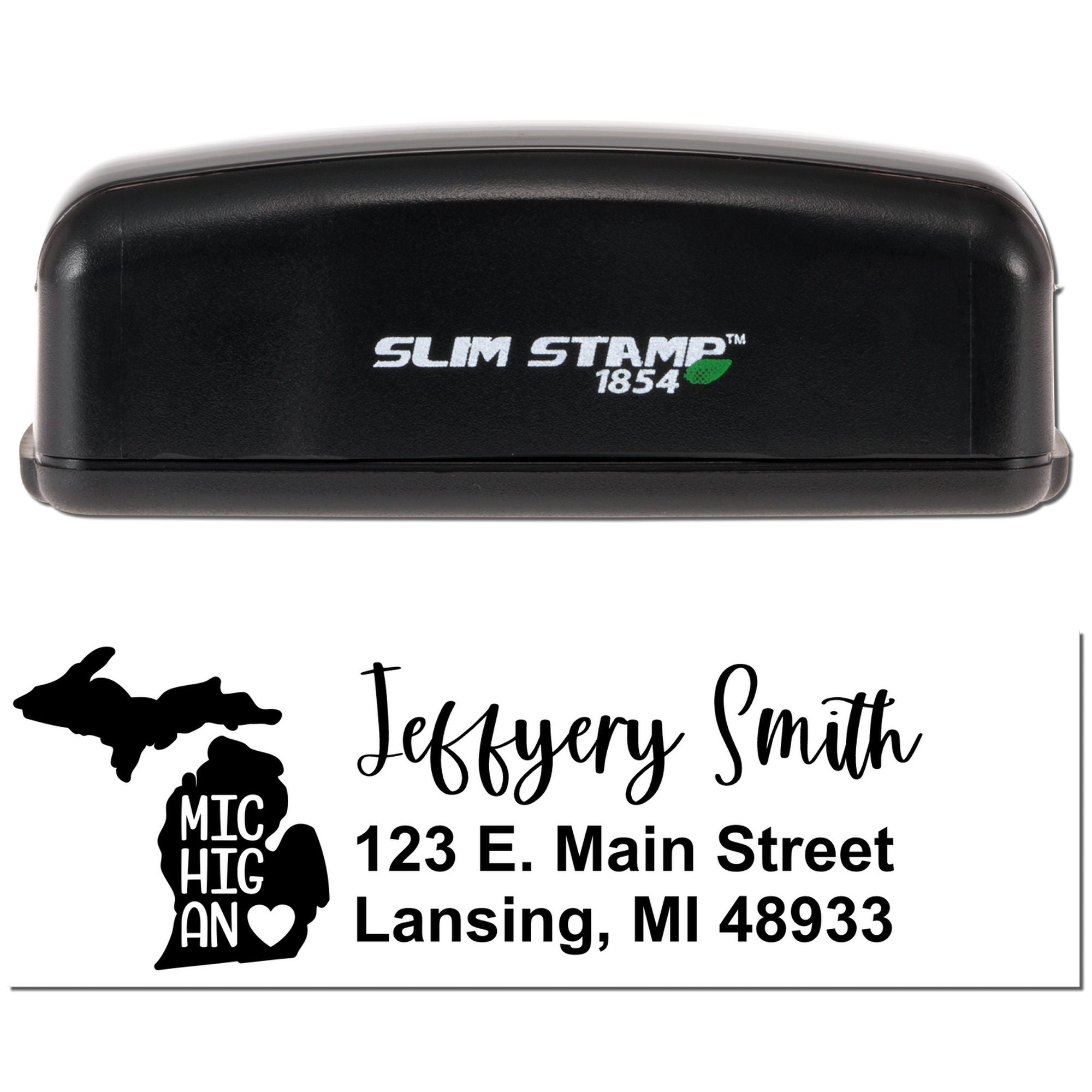 Custom self-inking rubber address stamp by Slim Stamp 1854 with Michigan return address for Jeffrey Smith, Lansing, MI
