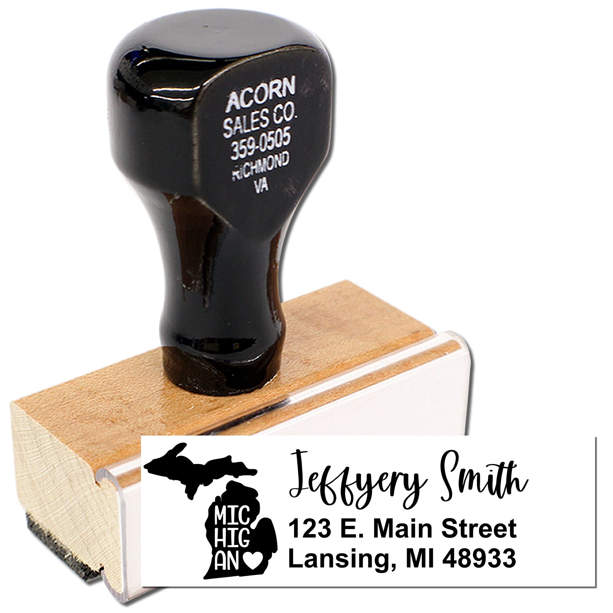 Custom Michigan rubber address stamp with Jeffery Smith and Lansing, MI return address for mailing.
