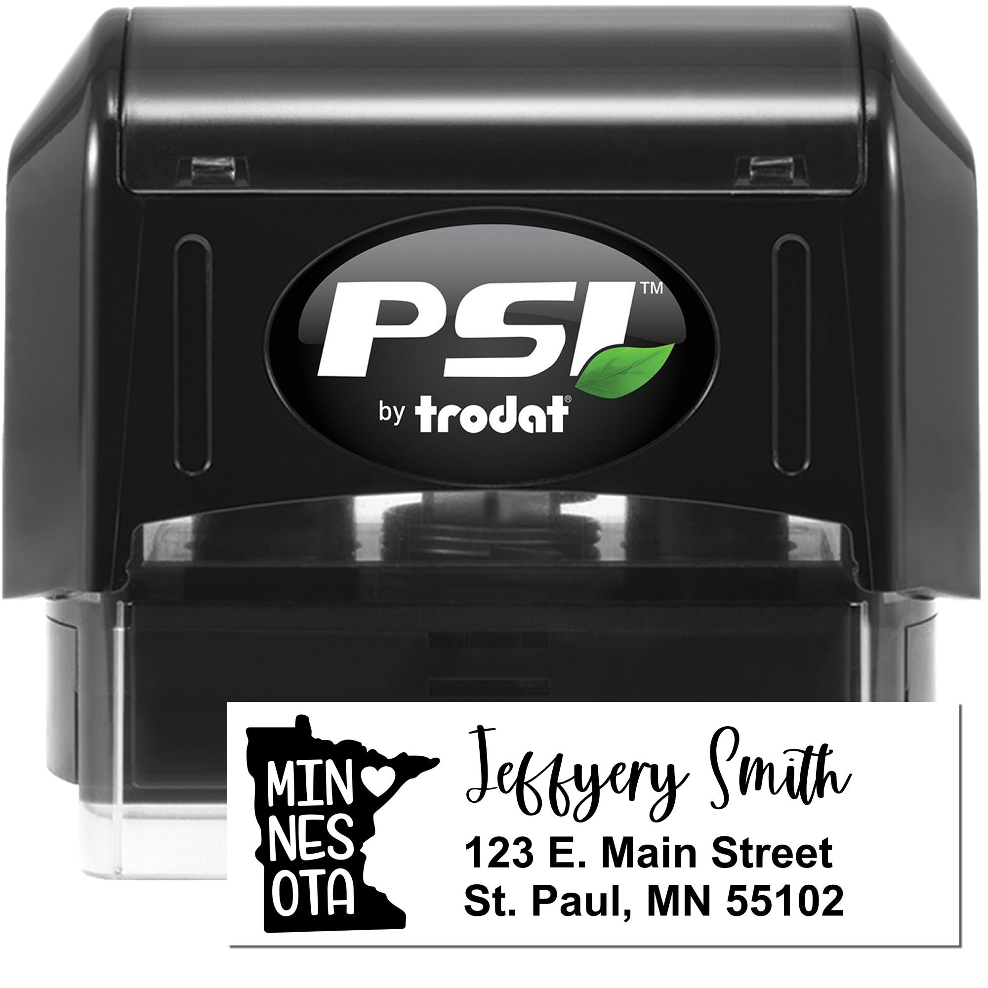 PSI by Trodat custom self-inking address stamp for Minnesota return mail, featuring Jeffrey Smith, St. Paul, MN 55102.