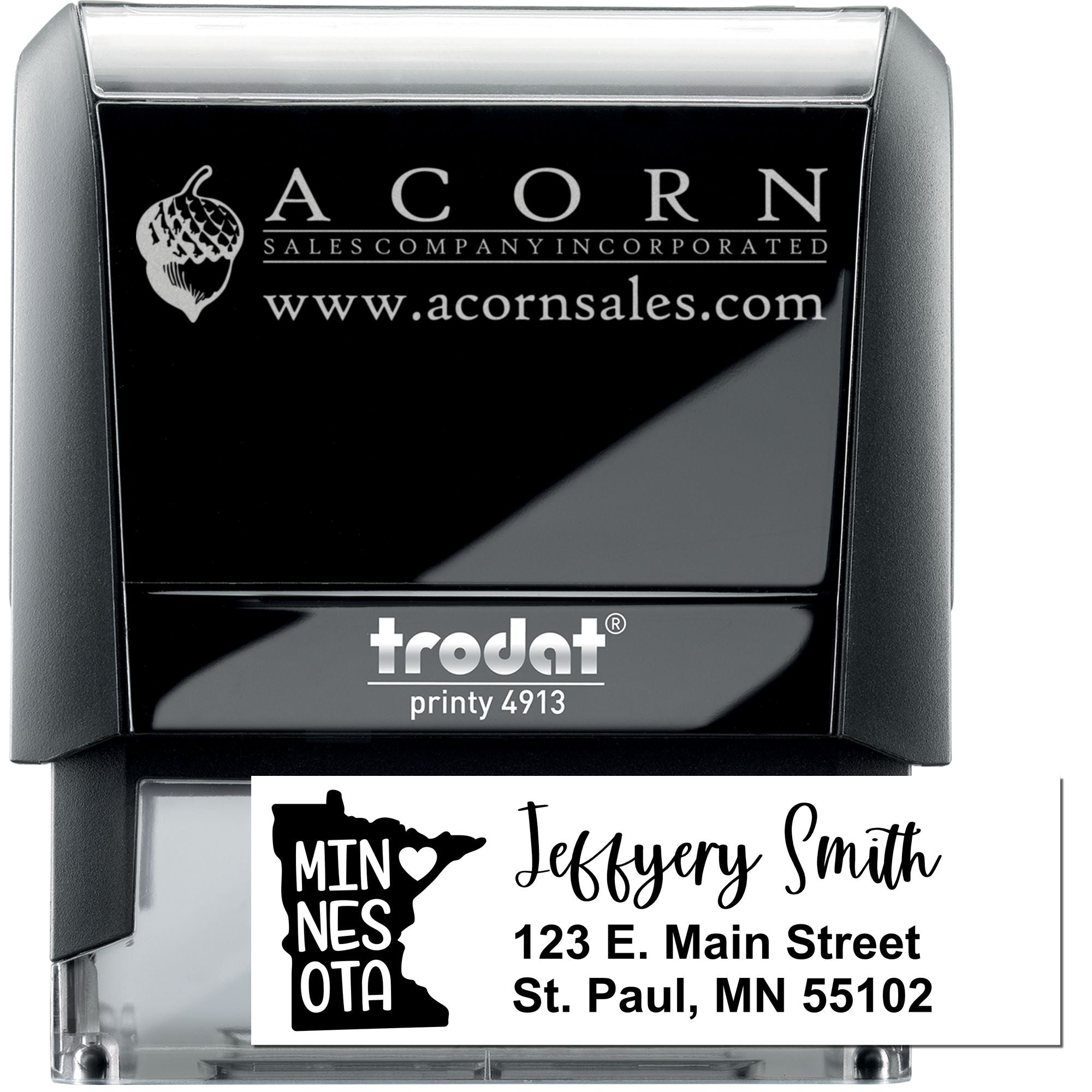 Trodat Printy 4913 self-inking custom rubber stamp showing business logo and Minnesota address imprint examples.