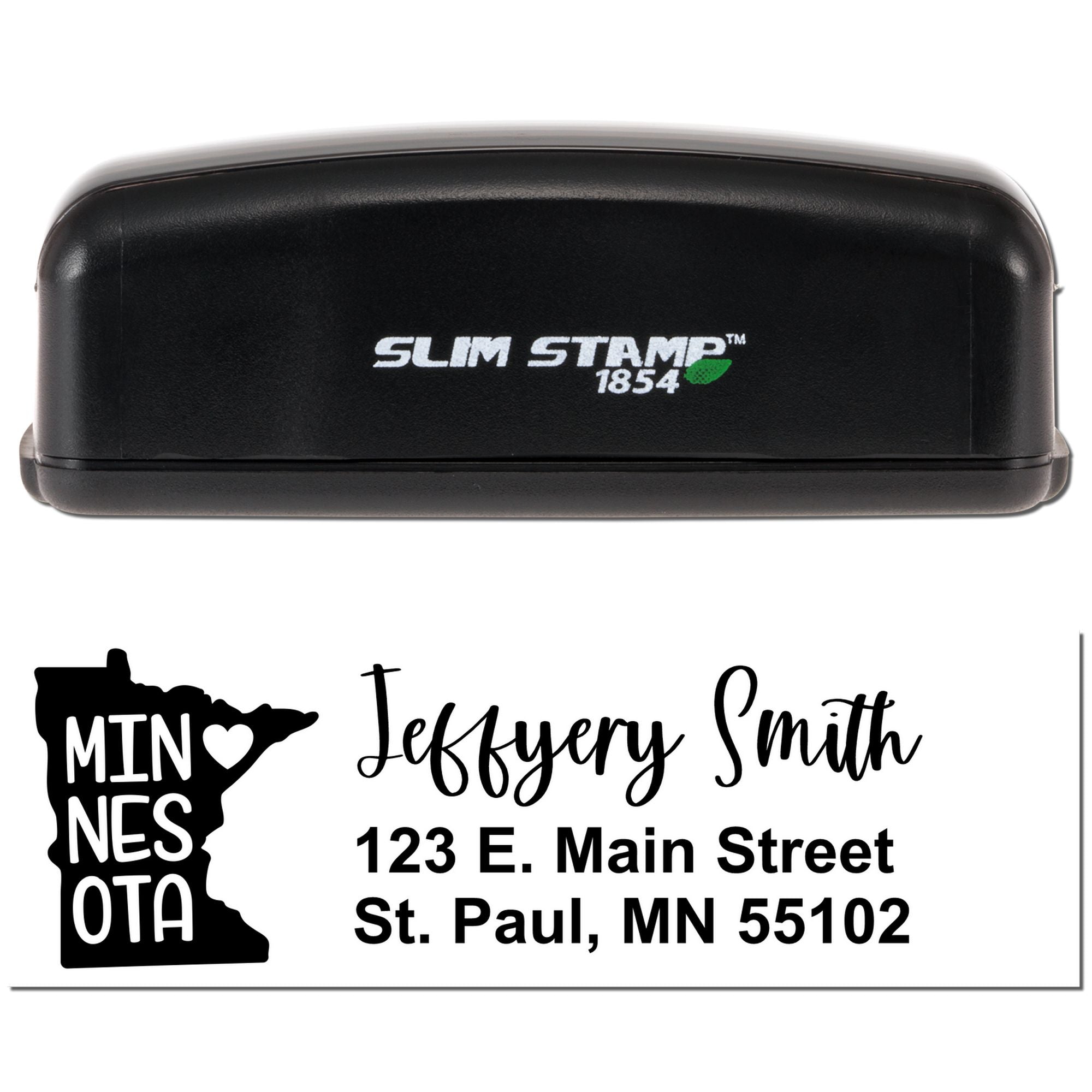 Custom self-inking rubber address stamp by Slim Stamp 1854 featuring Minnesota design and Jeffrey Smith, St. Paul, MN.
