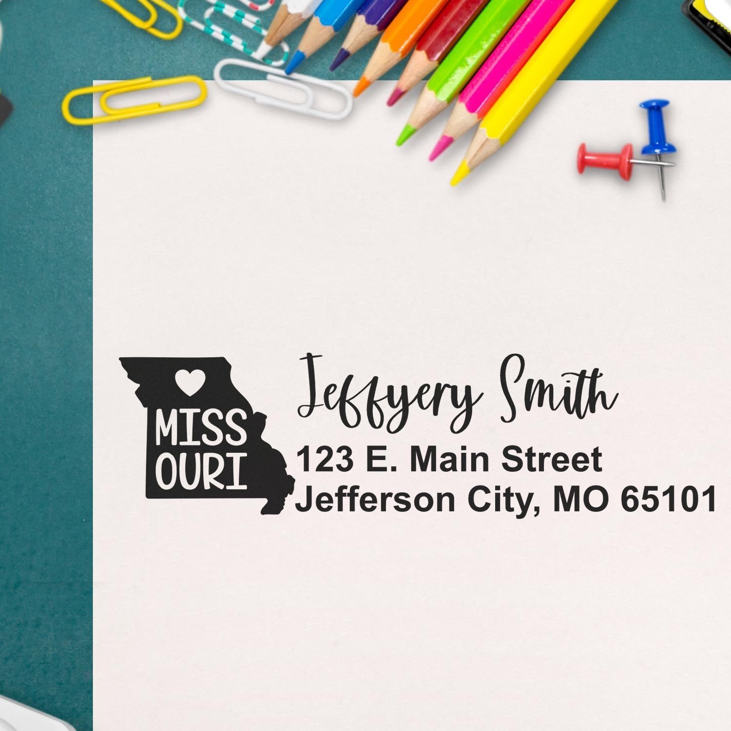 Custom Missouri address rubber stamp for envelopes, featuring name, street address, and city line for personal mailing.