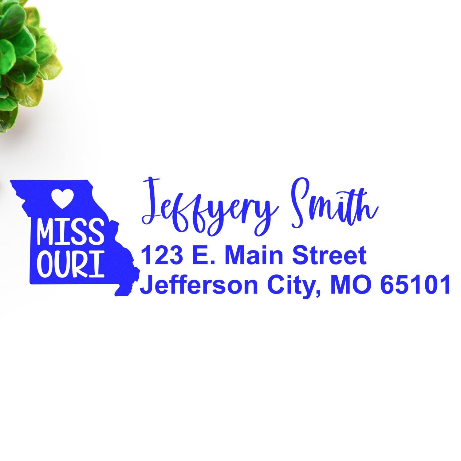 Custom Missouri return address rubber stamp with state silhouette, personalized name, and Jefferson City, MO address.