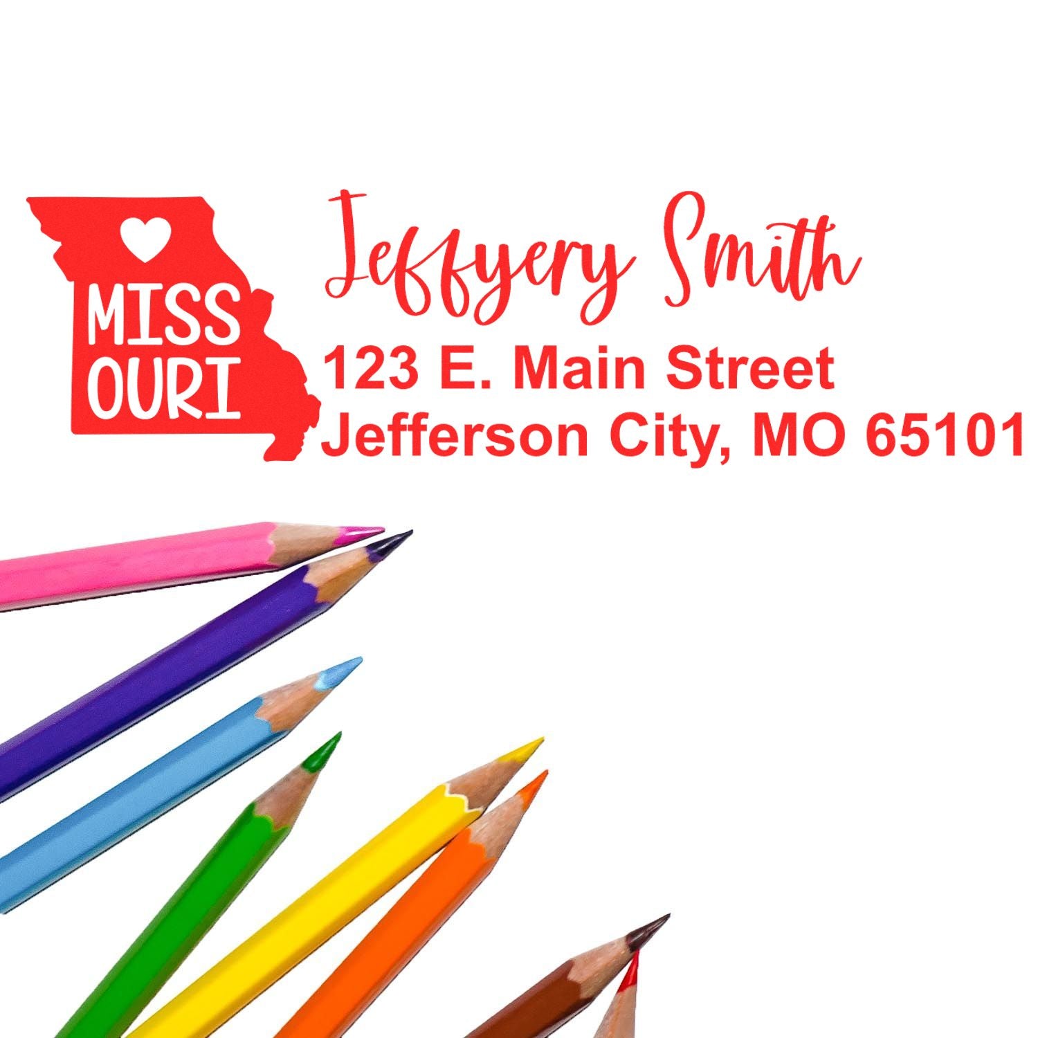 Personalized Missouri return address rubber stamp with state outline, name, and street address for custom business or home use.