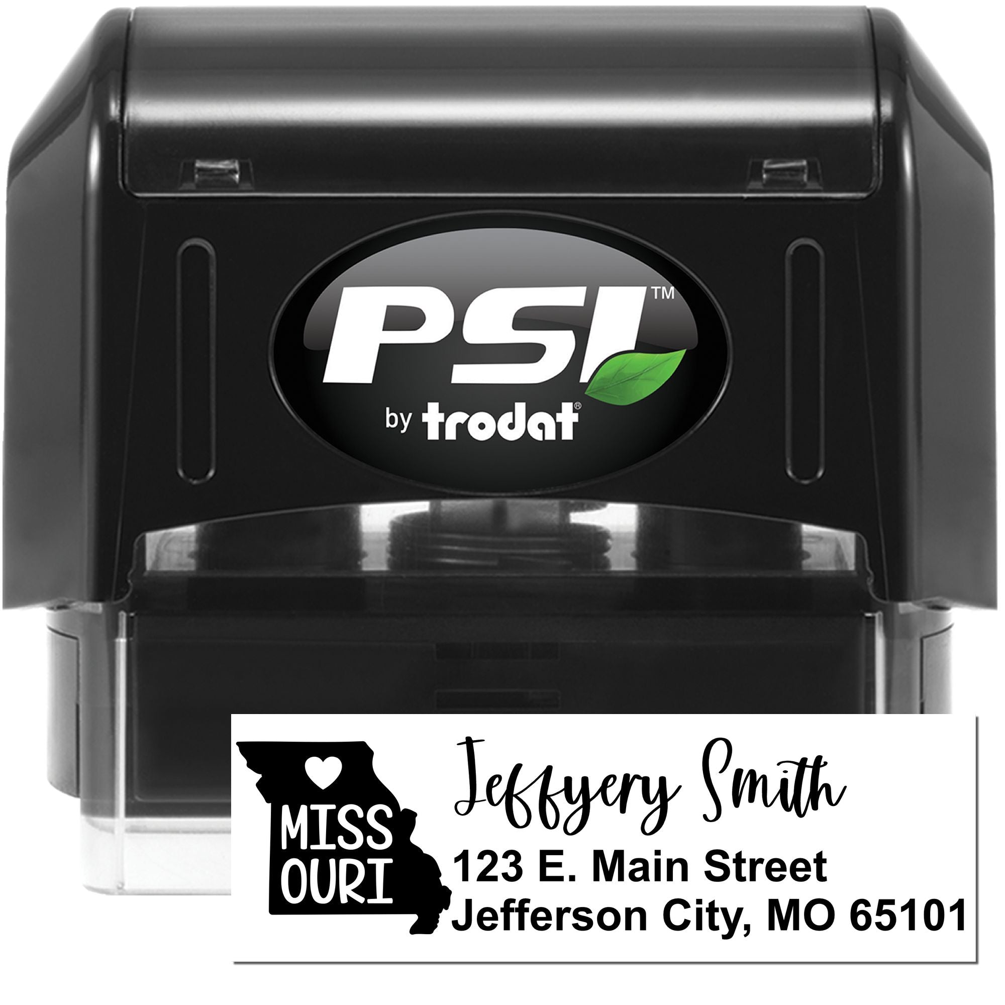 Custom self-inking PSI by Trodat rubber address stamp with Missouri design for personalized business mailings.