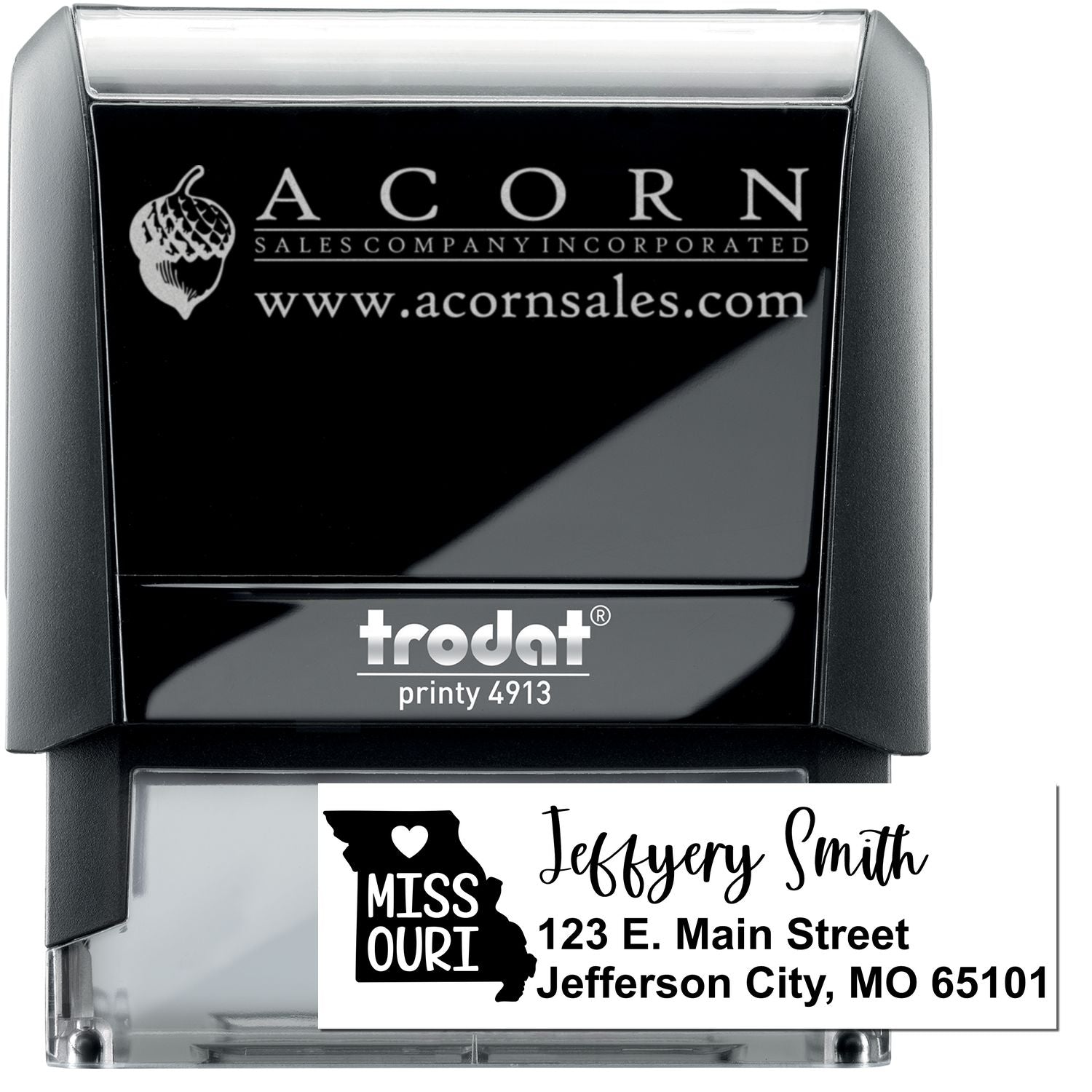 Custom self-inking rubber stamp, Trodat Printy 4913, with business logo and Missouri address stamp examples.