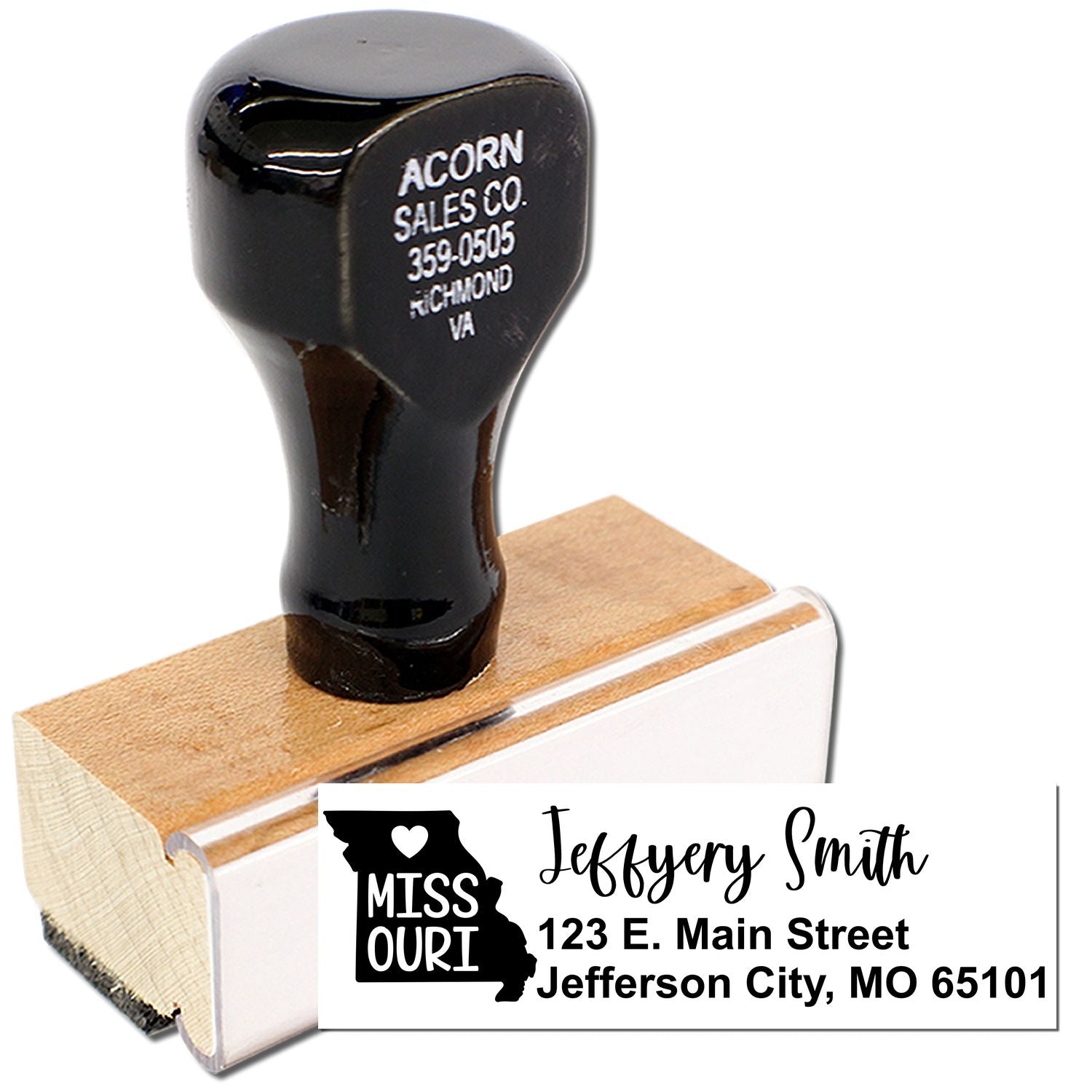 Custom Missouri return address rubber stamp with personalized name and street address, ideal for mailing and business use.