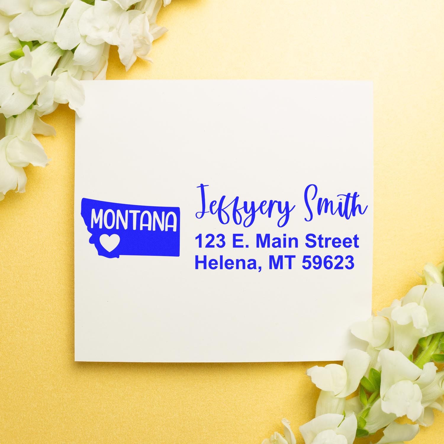 Custom personalized Montana return address rubber stamp with state outline, heart, name, and mailing address.