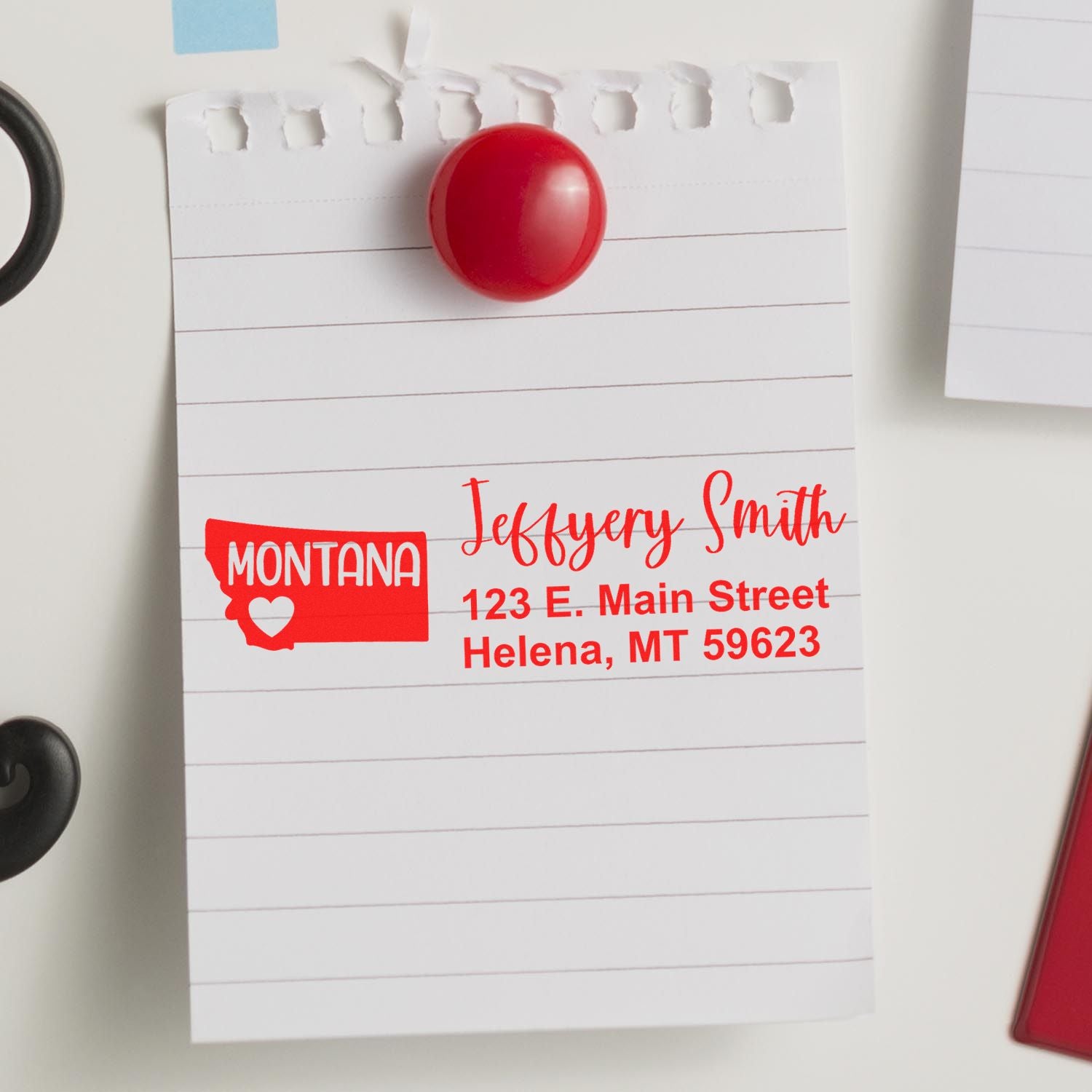 Personalized Montana address rubber stamp impression on lined paper with Jeffery Smith name and Helena, MT return address.
