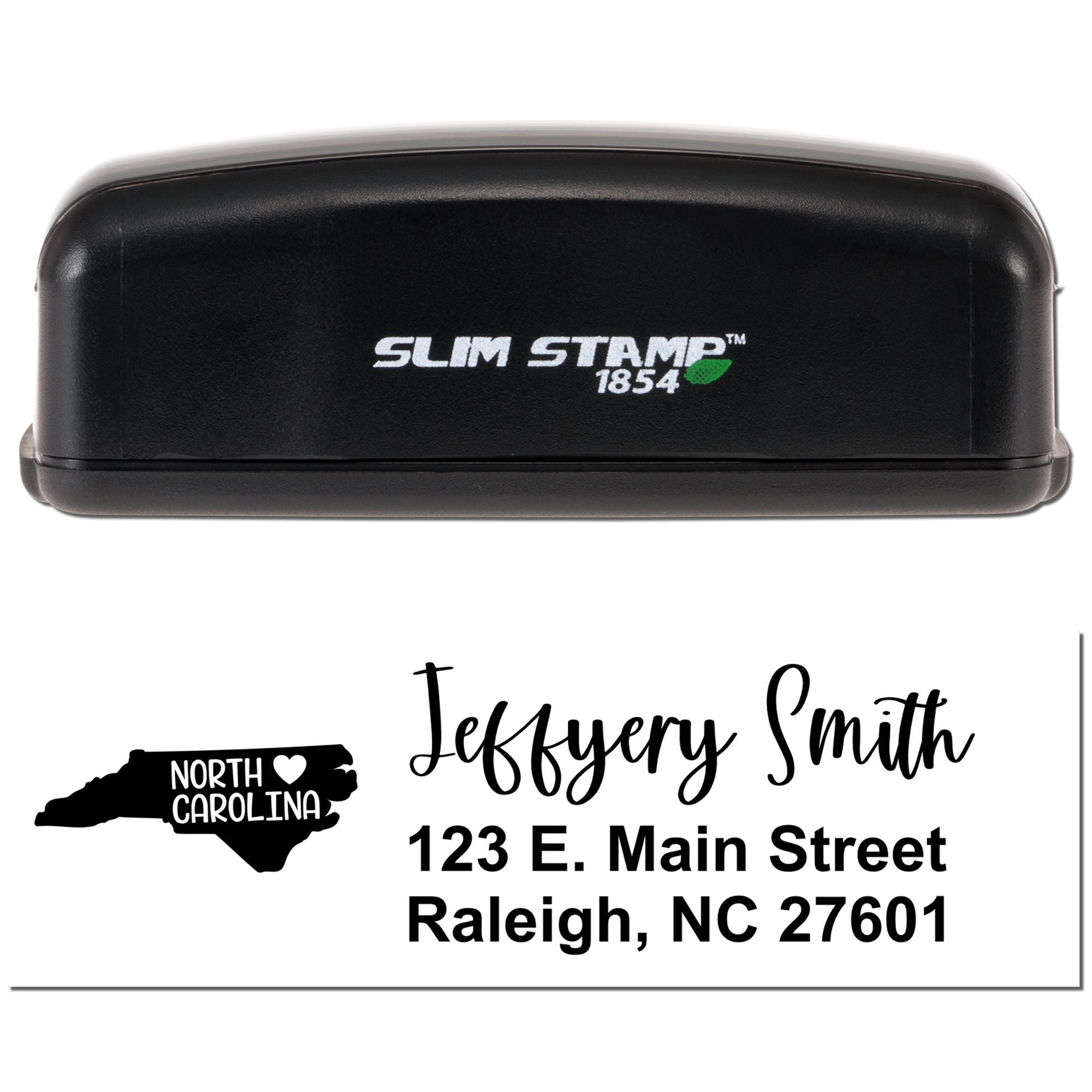 Slim Stamp 1854 custom rubber address stamp with North Carolina logo, Jeffrey Smith name, and Raleigh, NC address.
