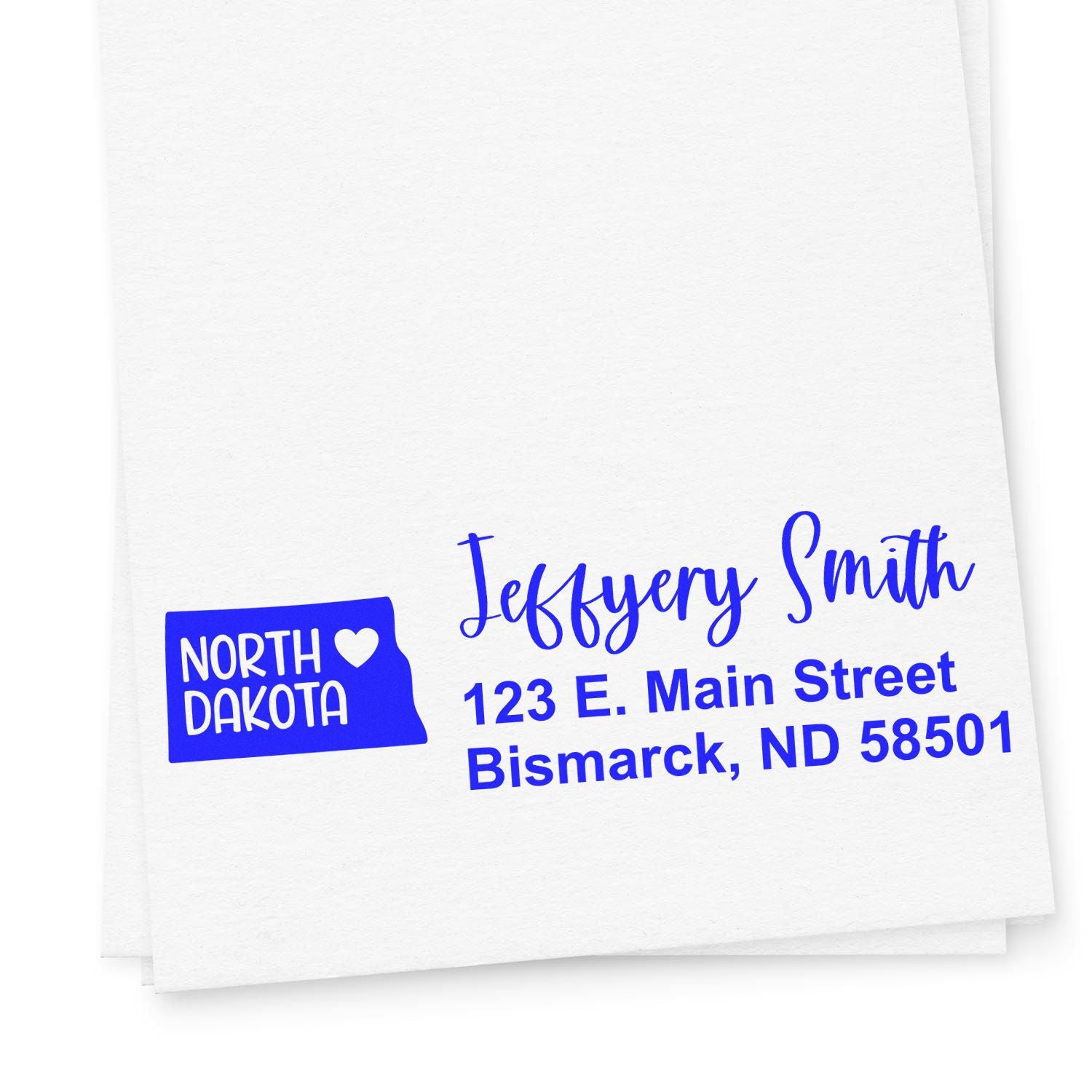 Custom North Dakota return address rubber stamp with Jeffery Smith, Bismarck, ND 58501.