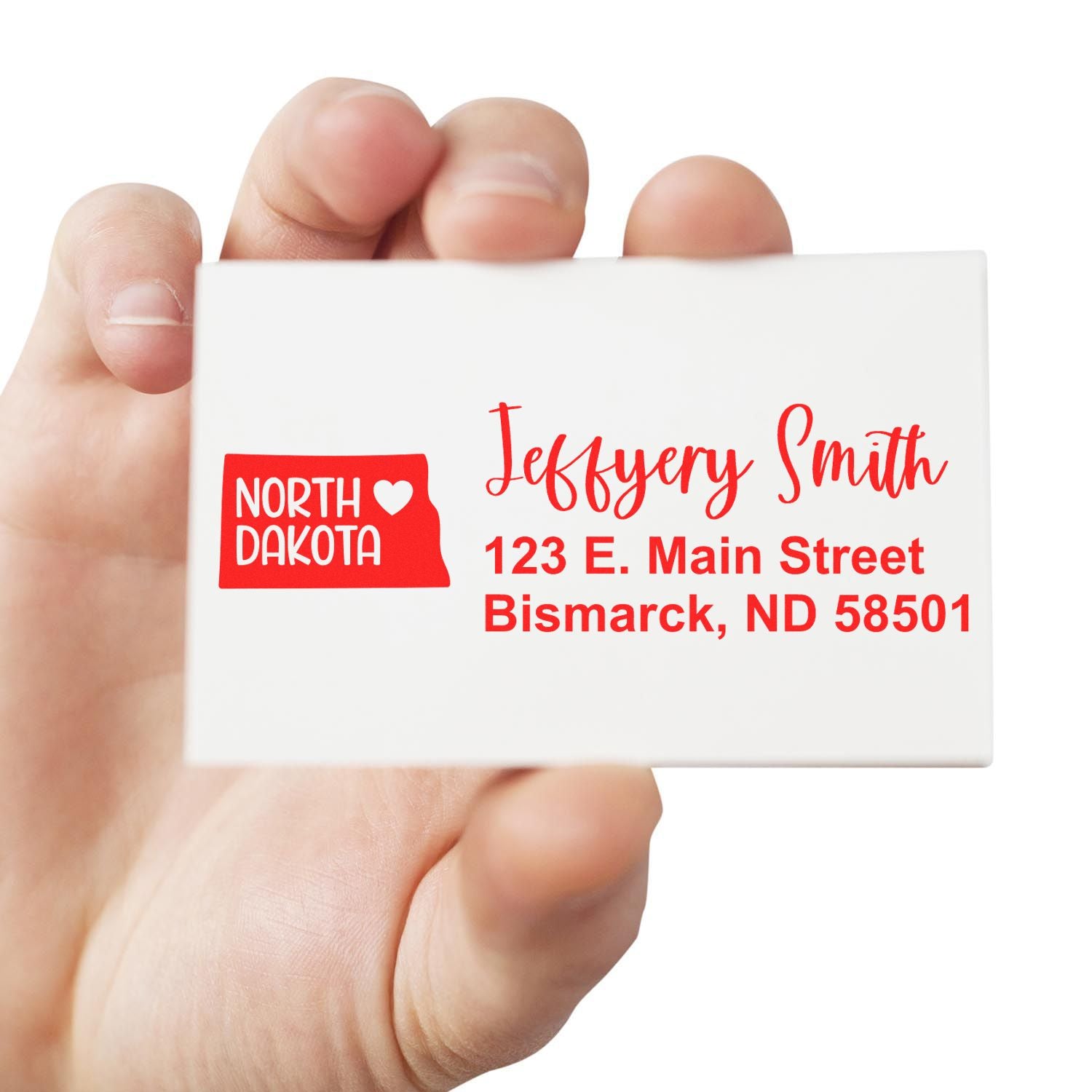 Personalized North Dakota address rubber stamp with name and mailing address for custom return envelopes.
