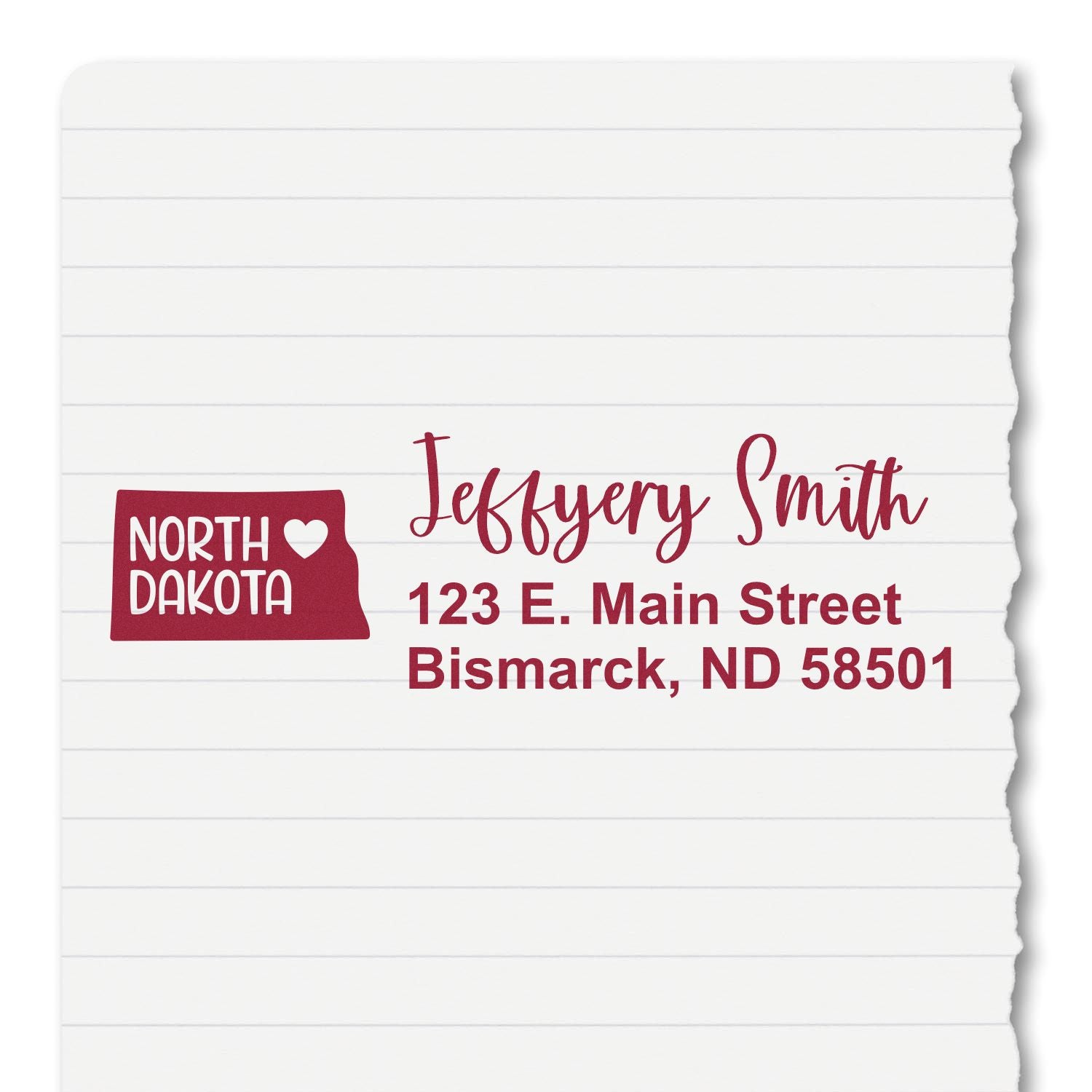 Custom North Dakota return address rubber stamp with state outline, personalized name, and Bismarck, ND mailing address