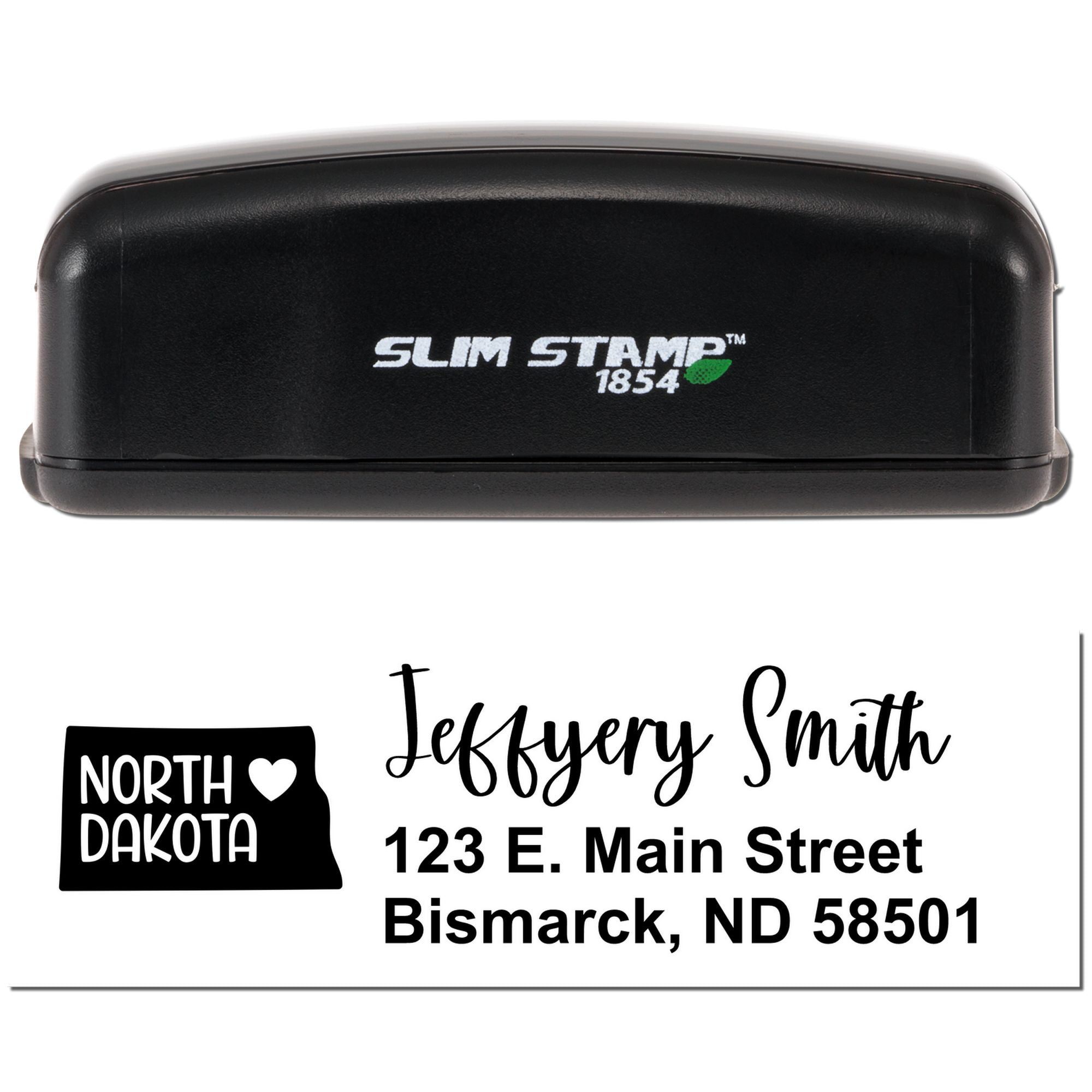 Custom self-inking rubber stamp with North Dakota address design for Jeffrey Smith, Bismarck, ND 58501.