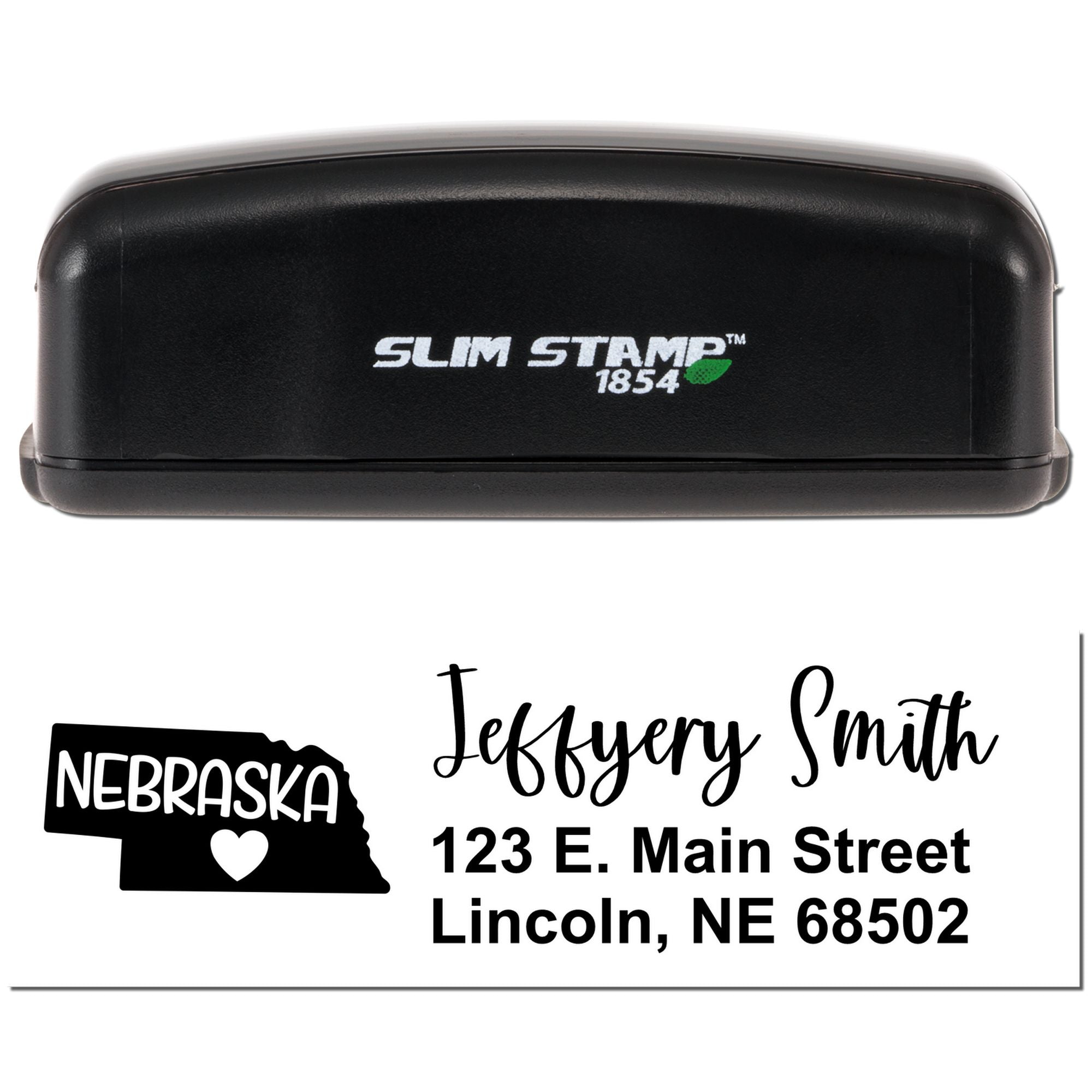 Custom self-inking rubber address stamp with Nebraska design, name, and Lincoln, NE address, Slim Stamp 1854.