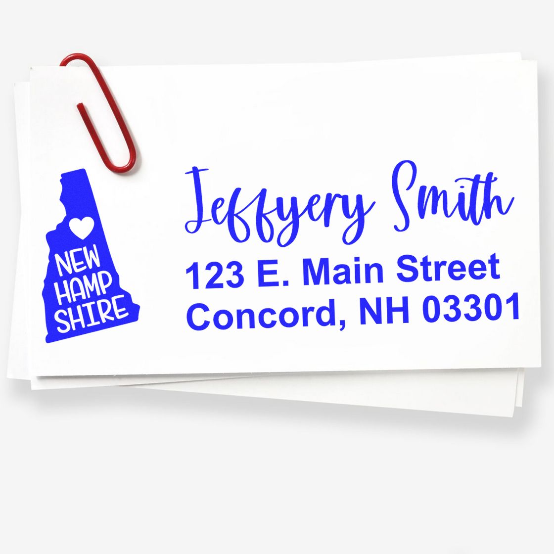 Custom return address rubber stamp with New Hampshire outline for Jeffrey Smith, Concord, NH 03301.