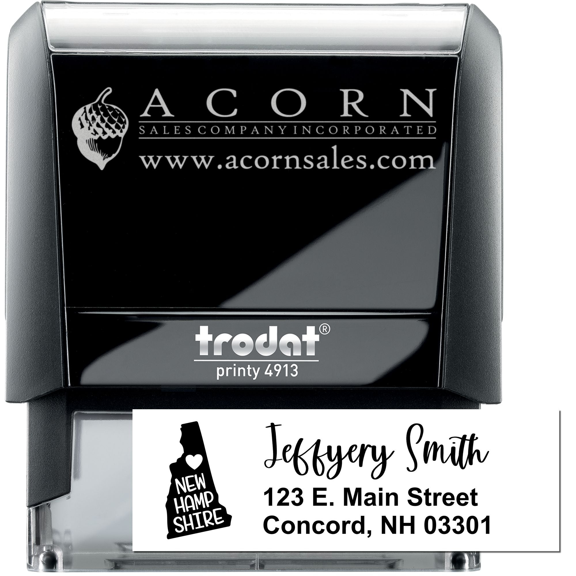 Personalized self-inking rubber stamp with name and address imprint, ideal for business mail and return address labeling.