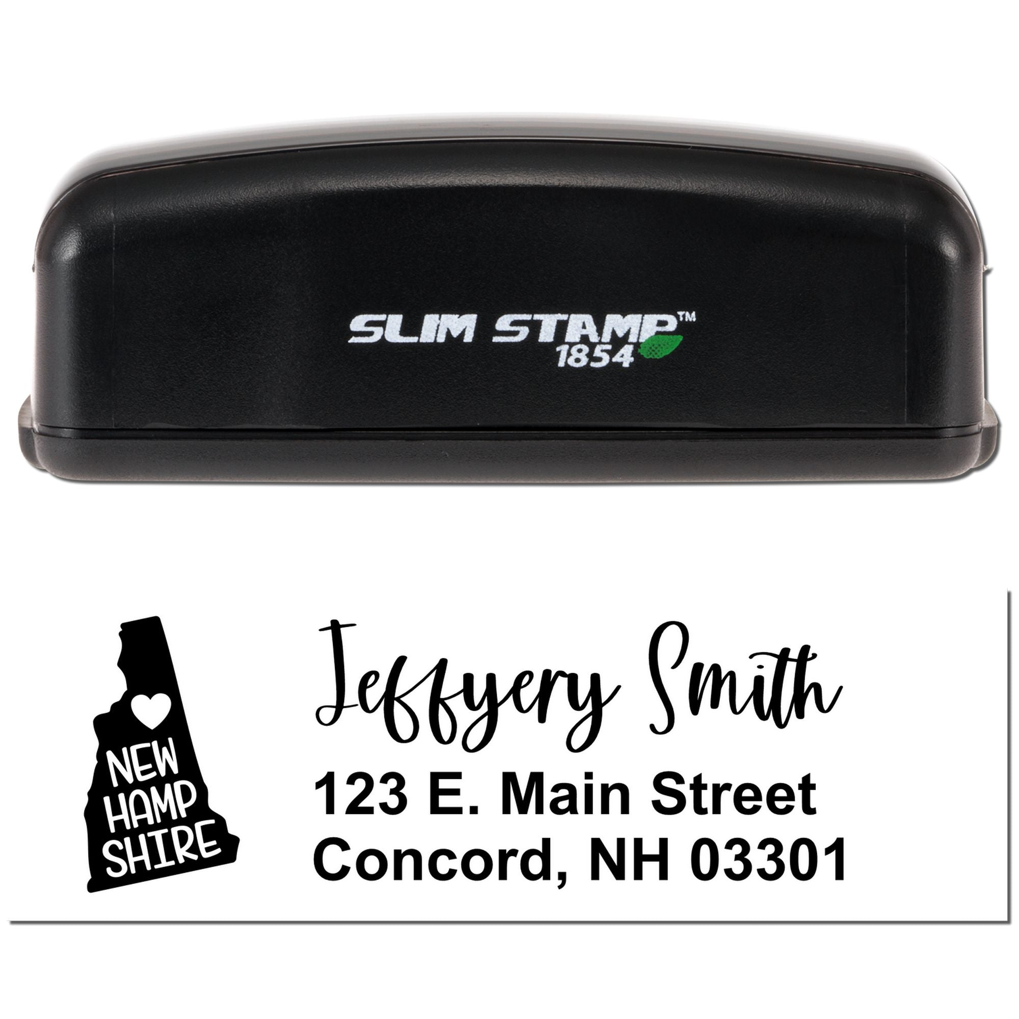 Custom Slim Stamp 1854 rubber stamp with personalized return address design and New Hampshire icon for mailing envelopes.