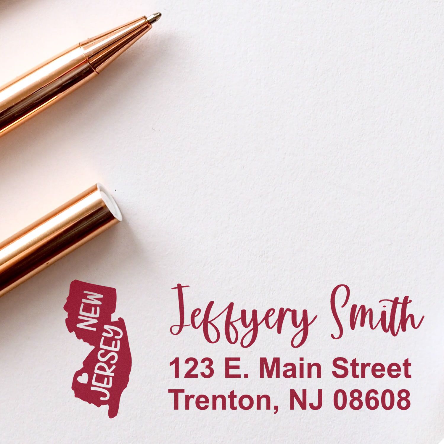Custom New Jersey address rubber stamp for Jeffery Smith, with name and Trenton, NJ mailing address for personalized stationery.