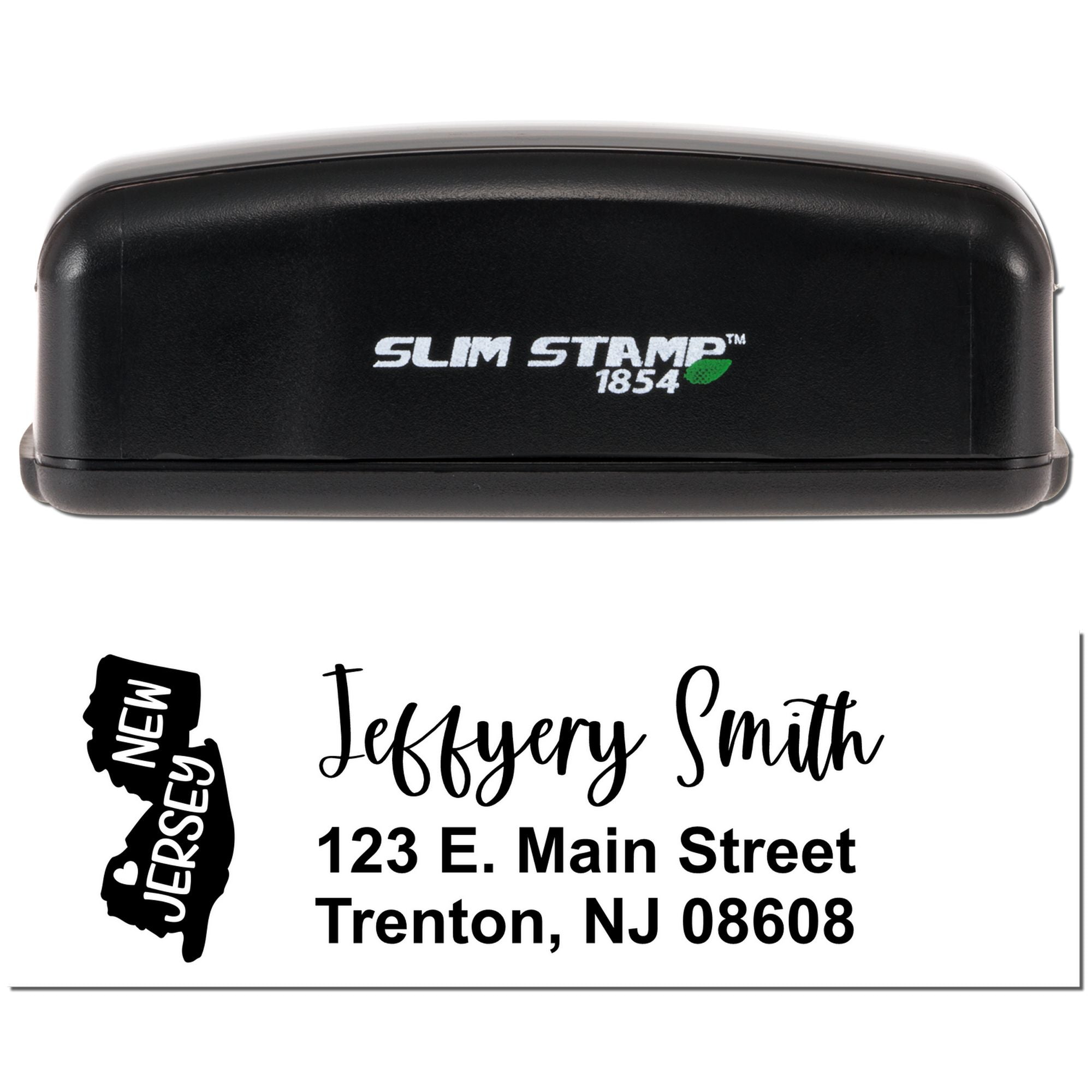 Custom Slim Stamp 1854 rubber stamp with New Jersey return address for Jeffrey Smith, Trenton, NJ 08608.