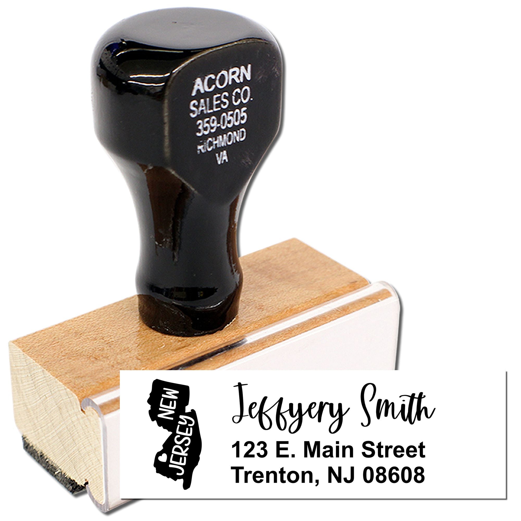 Custom New Jersey return address rubber stamp with name and mailing address for personalized envelopes and wedding stationery.