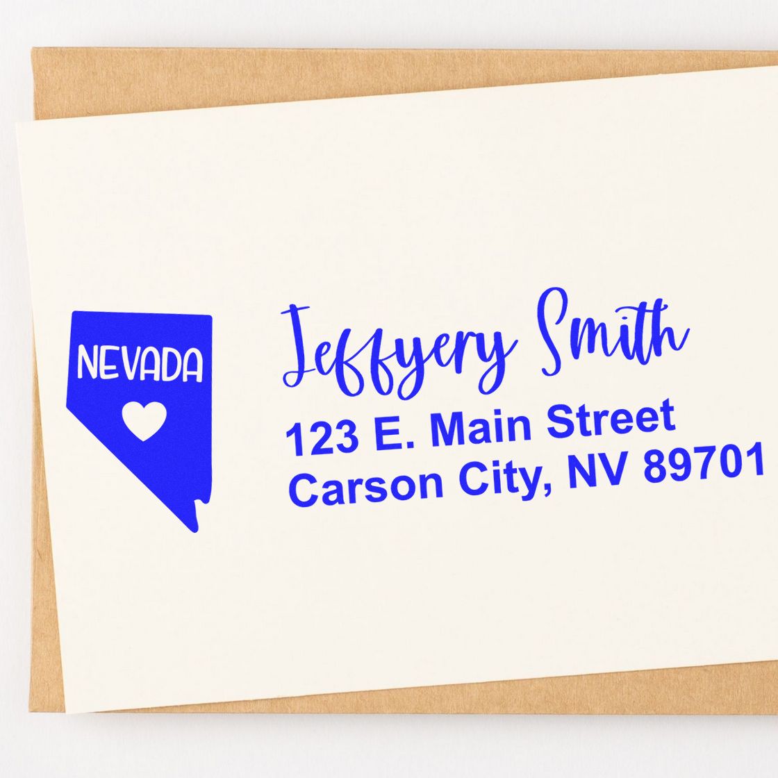 Custom Nevada return address rubber stamp for envelopes with name, Carson City, NV address, and heart icon.
