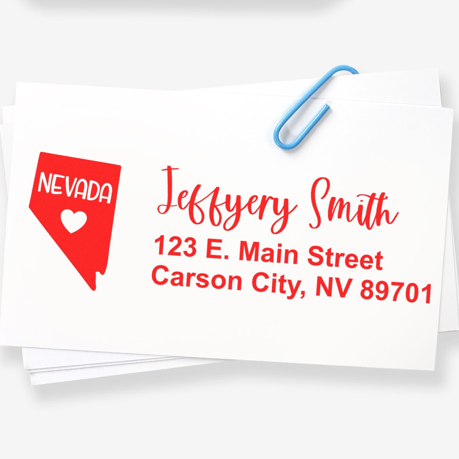 Custom Nevada address rubber stamp for Jeffrey Smith, Carson City, NV, with return mailing address and state icon.