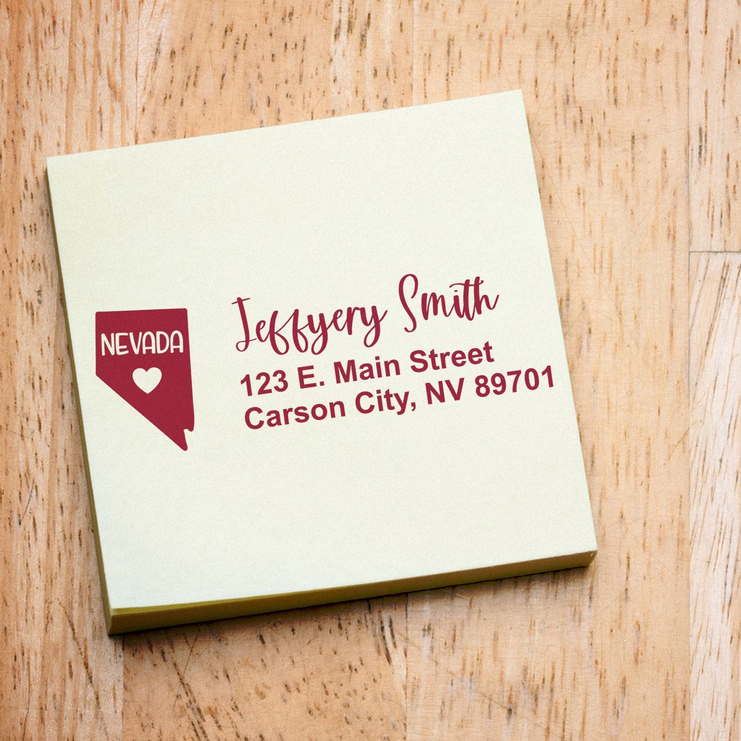 Custom Nevada return address rubber stamp with name and Carson City, NV address for envelopes, invitations, and mail.