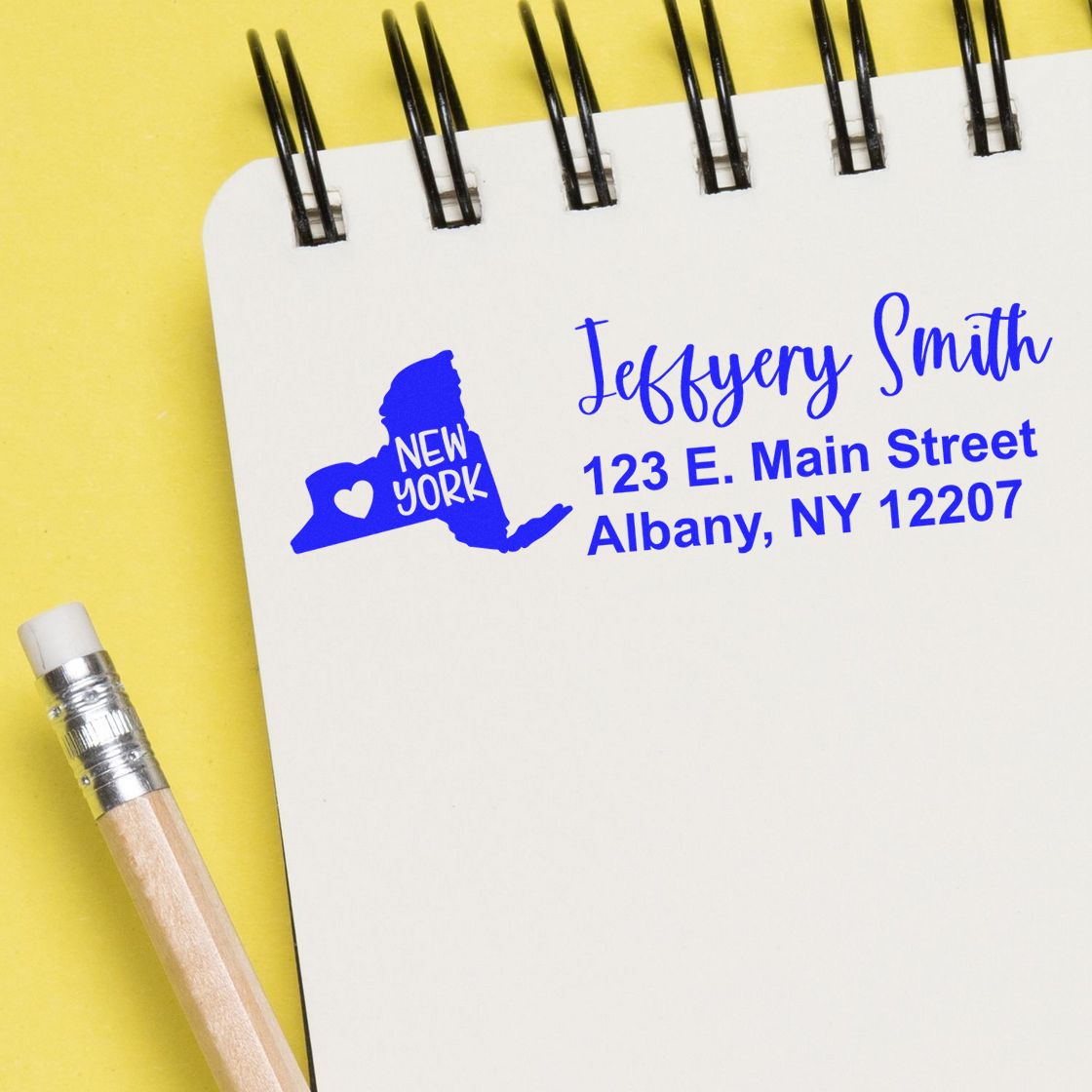 Custom return address rubber stamp with New York design, featuring Jefferson Smith and Albany, NY 12207.