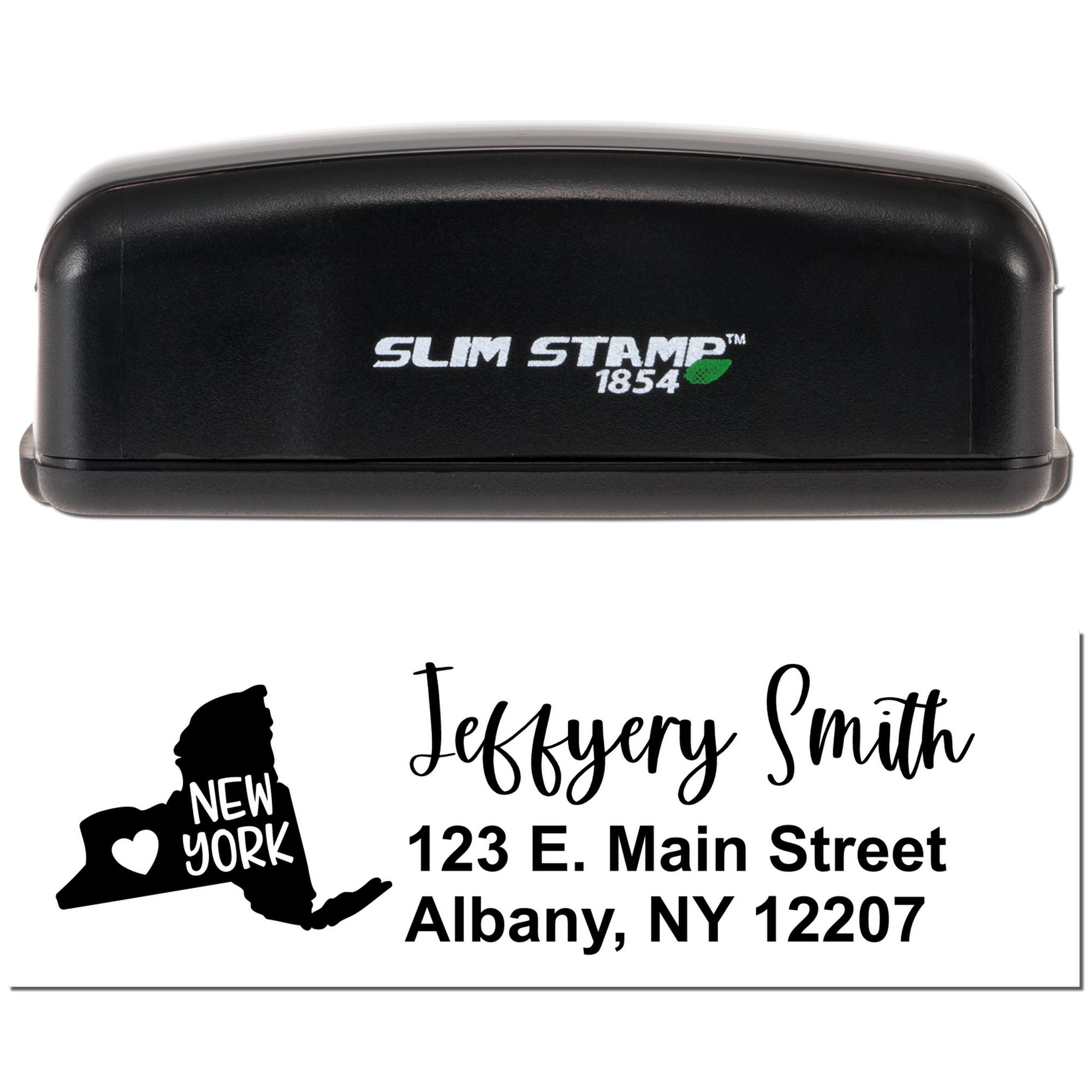 Slim Stamp 1854 self-inking rubber stamp with custom New York address design for Jeffrey Smith.