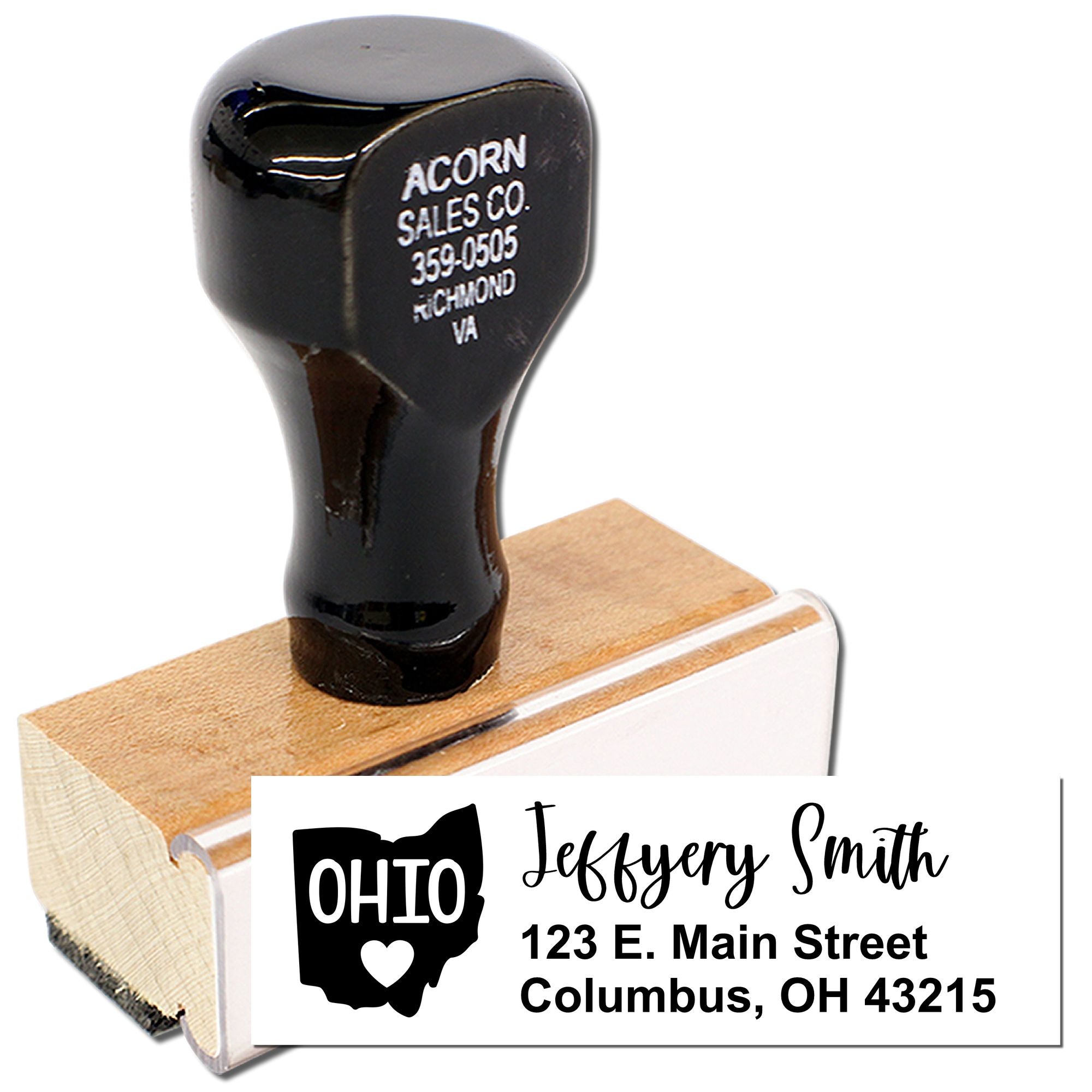 Personalized Ohio address rubber stamp for mailings, featuring name, street address, city, state, and ZIP code.