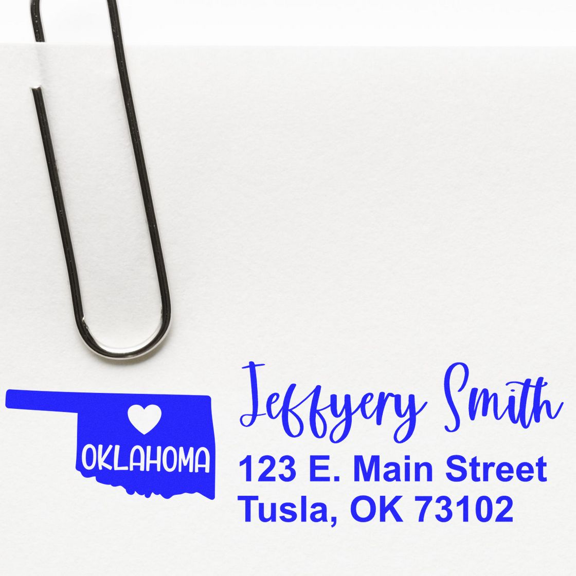 Custom Oklahoma return address rubber stamp with name, street address, and state logo for personal mail and packaging.