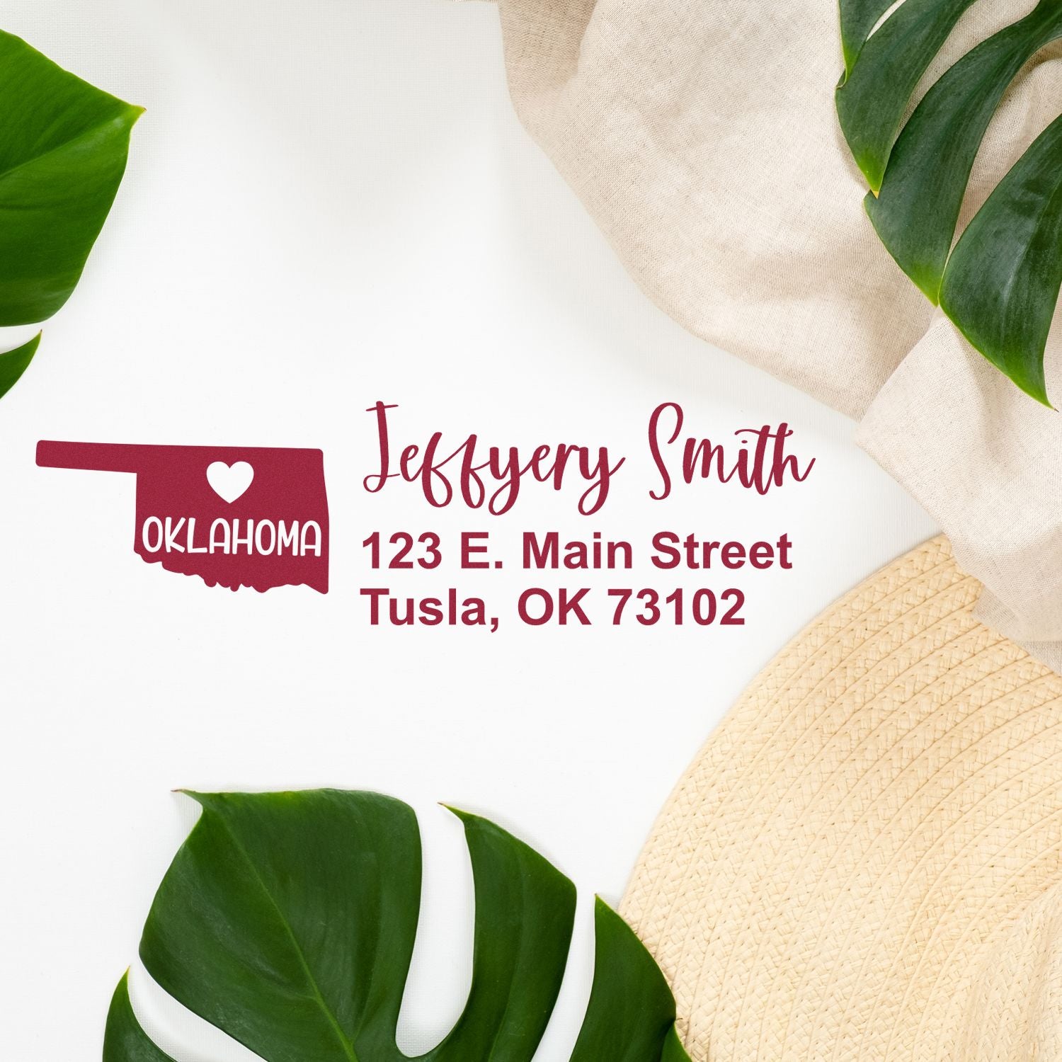 Personalized Oklahoma return address rubber stamp with Jeffrey Smith, Tulsa, OK 73102 for envelopes and mailings