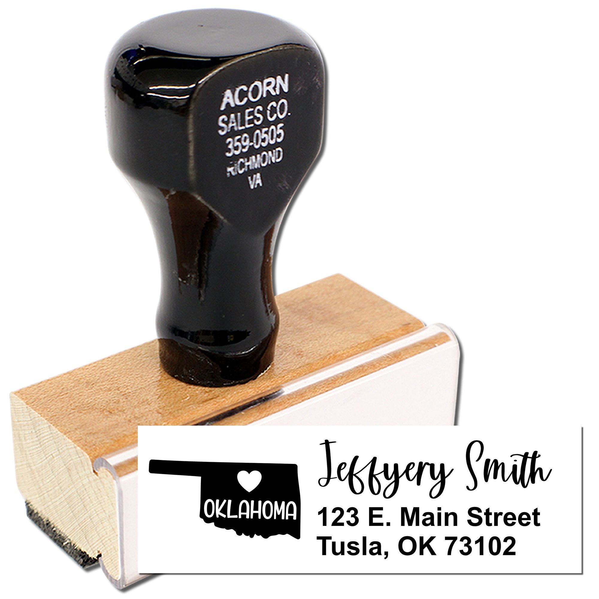 Custom return address rubber stamp with Oklahoma design, name, and address for personalized mailing.