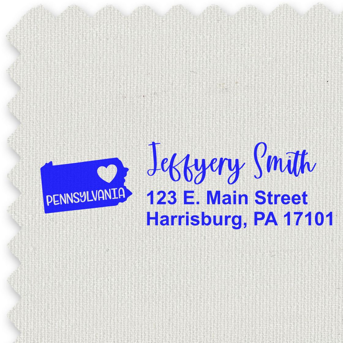 Custom Pennsylvania return address rubber stamp for Jeffery Smith, 123 E. Main Street, Harrisburg, PA 17101.