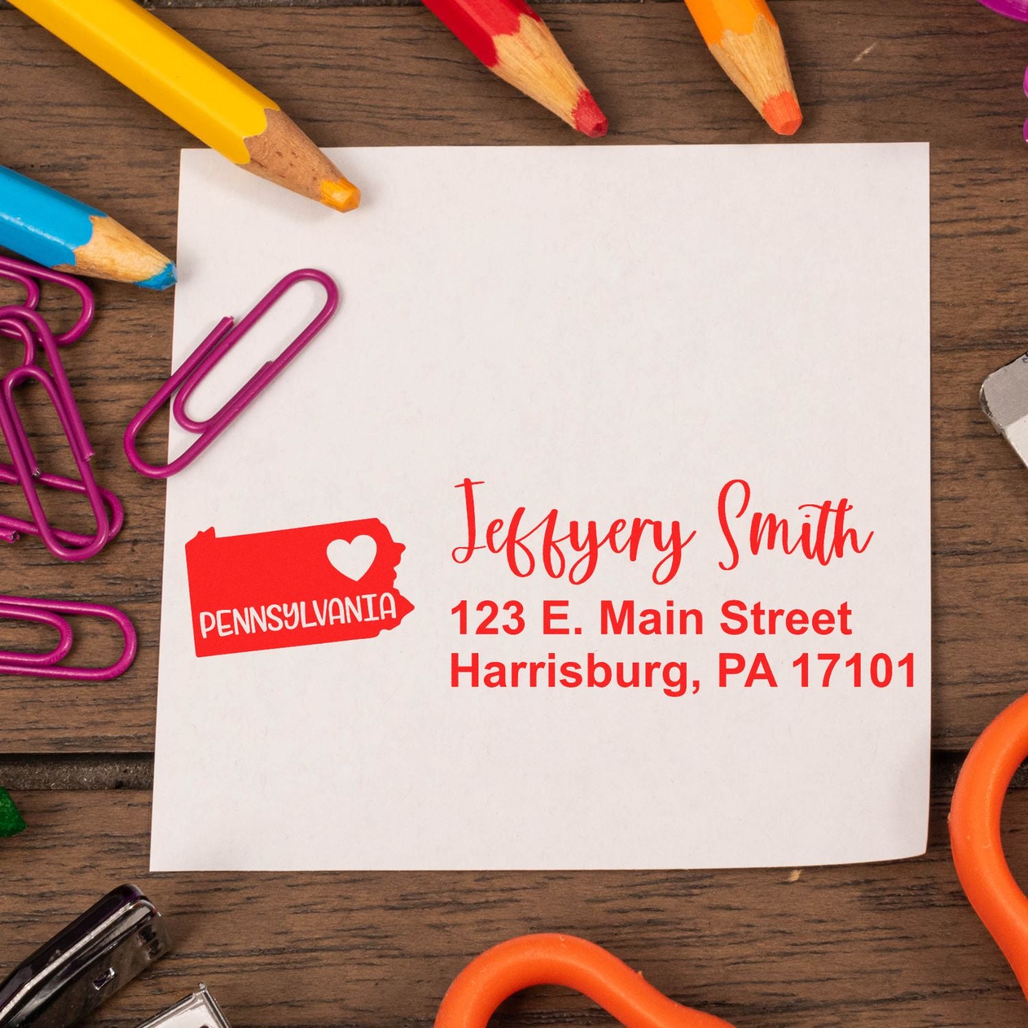 Custom Pennsylvania return address rubber stamp with name and address for personalized stationery